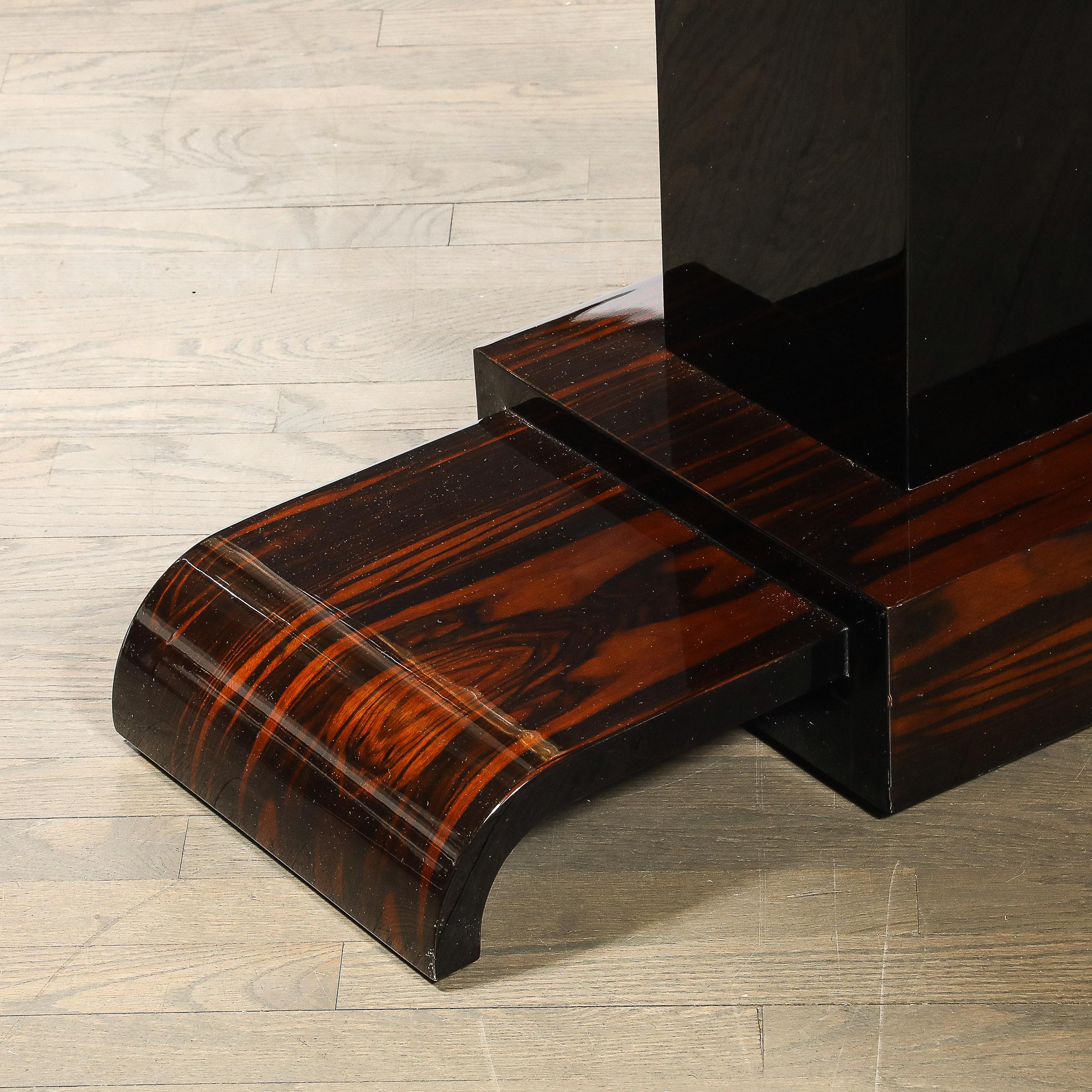 Pair of Art Deco Streamline Zebra Wood Console Tables W/ Black Lacquer Accents For Sale 12