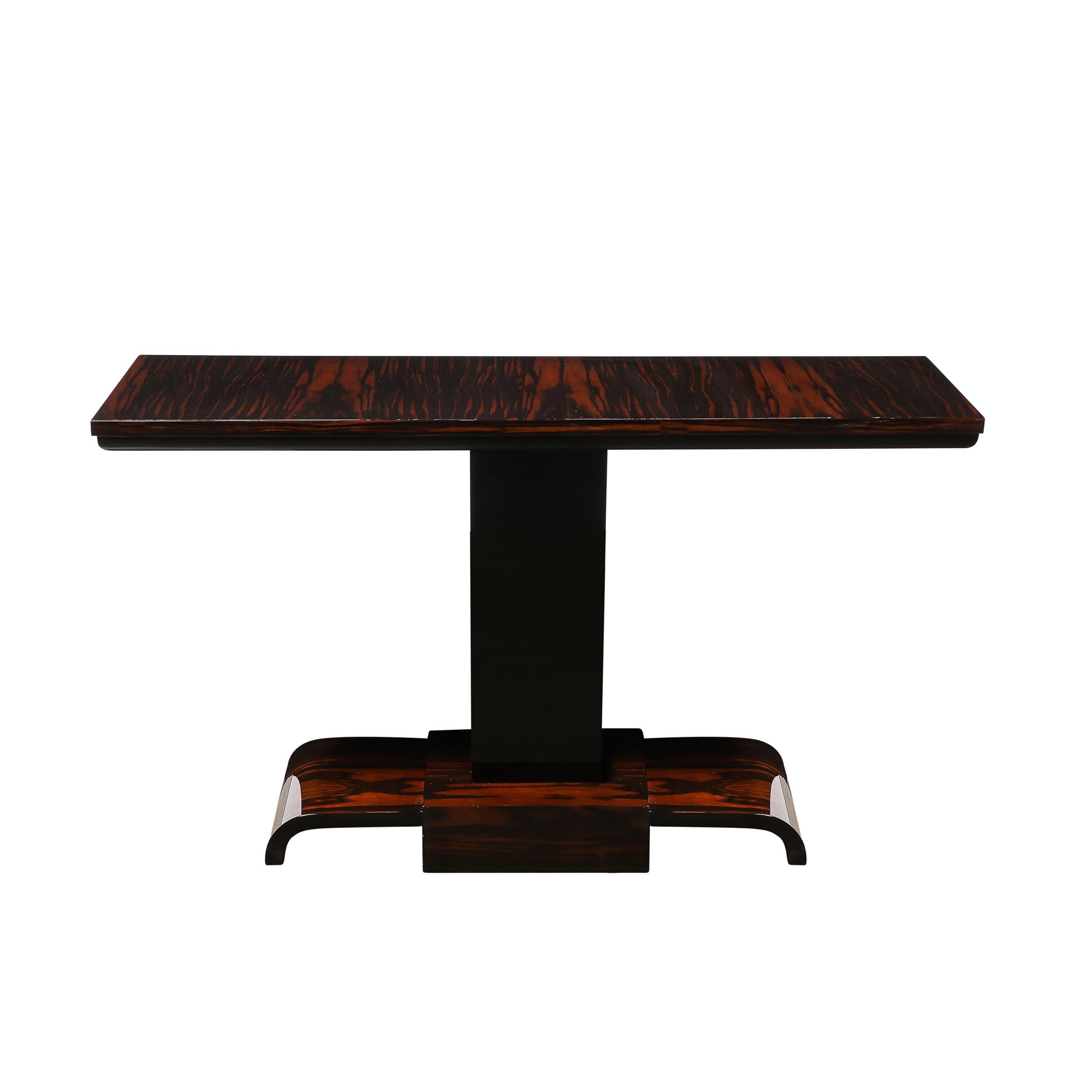 French Pair of Art Deco Streamline Zebra Wood Console Tables W/ Black Lacquer Accents For Sale