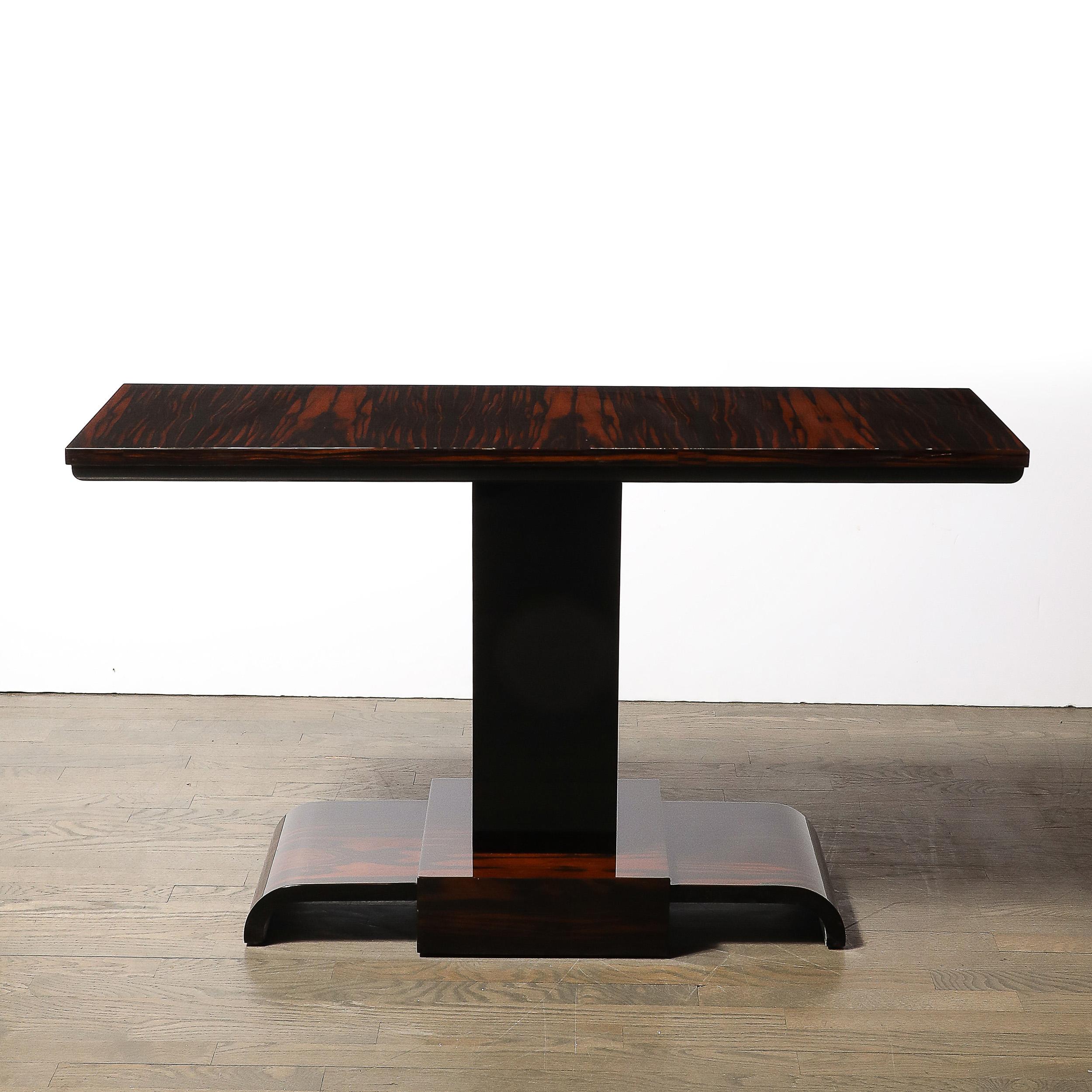 Pair of Art Deco Streamline Zebra Wood Console Tables W/ Black Lacquer Accents In Excellent Condition For Sale In New York, NY