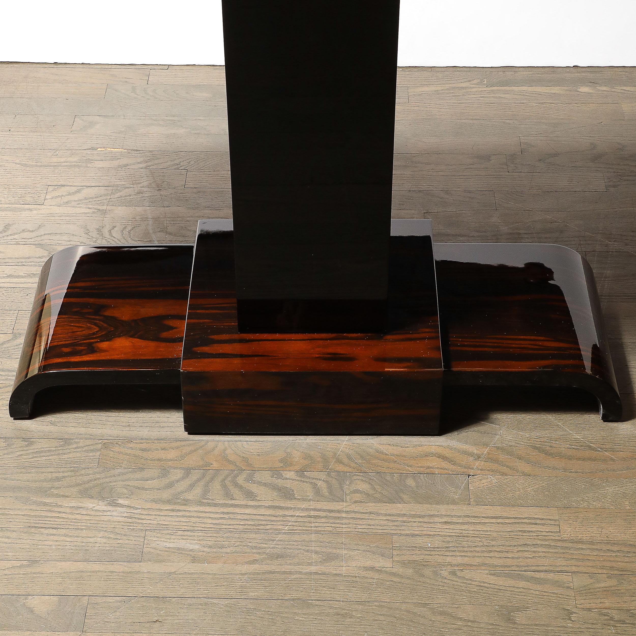 Mid-20th Century Pair of Art Deco Streamline Zebra Wood Console Tables W/ Black Lacquer Accents For Sale