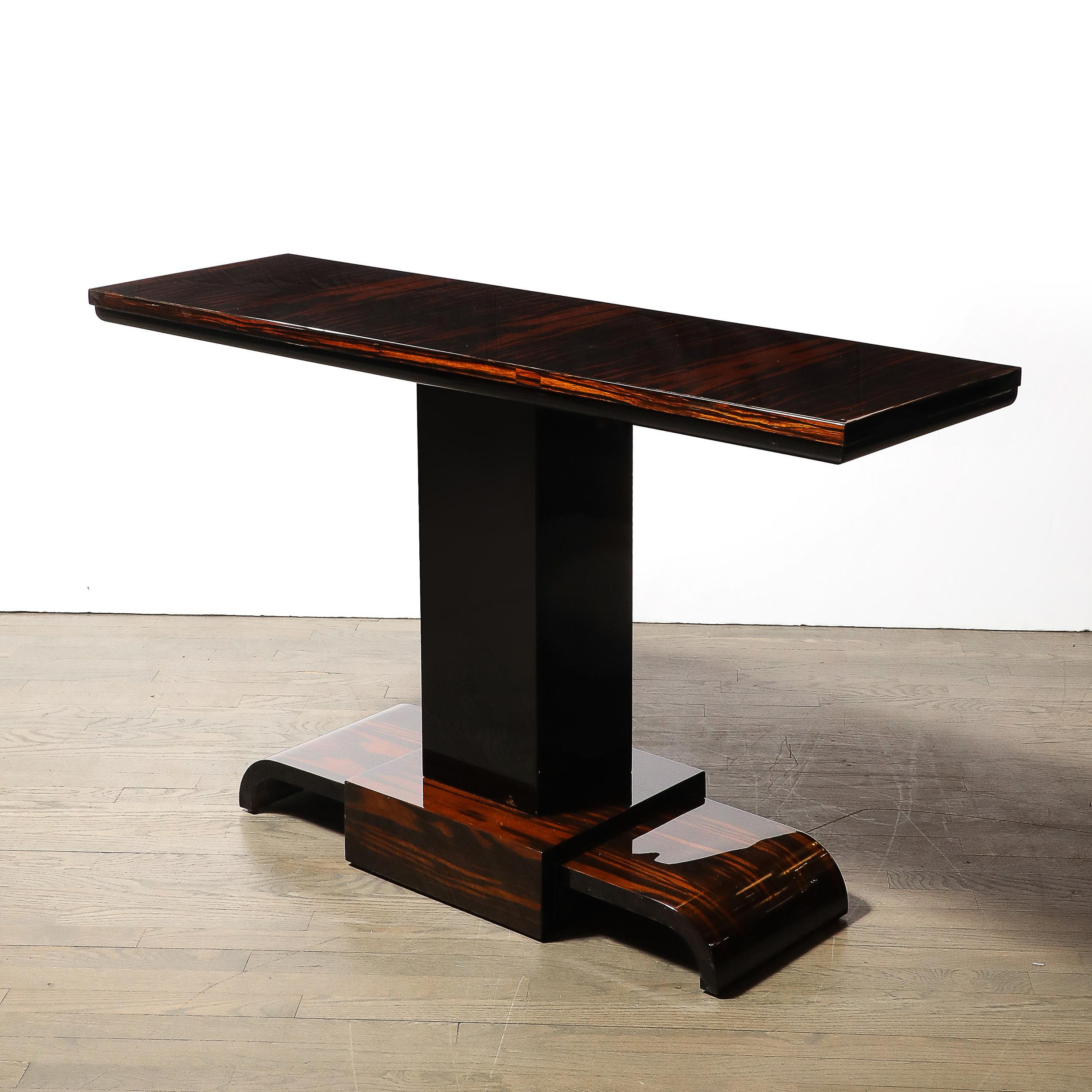 Pair of Art Deco Streamline Zebra Wood Console Tables W/ Black Lacquer Accents For Sale 1