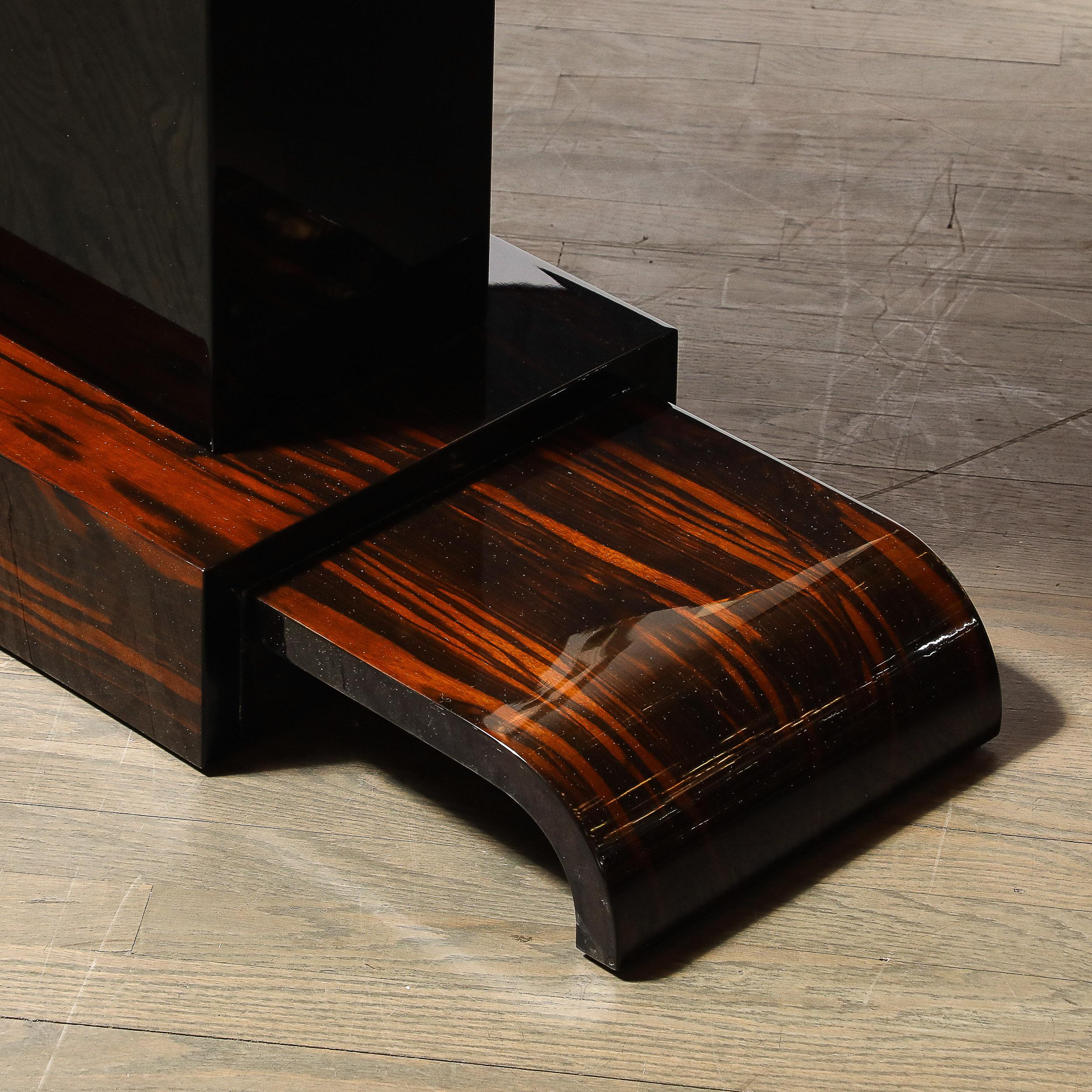 Pair of Art Deco Streamline Zebra Wood Console Tables W/ Black Lacquer Accents For Sale 2
