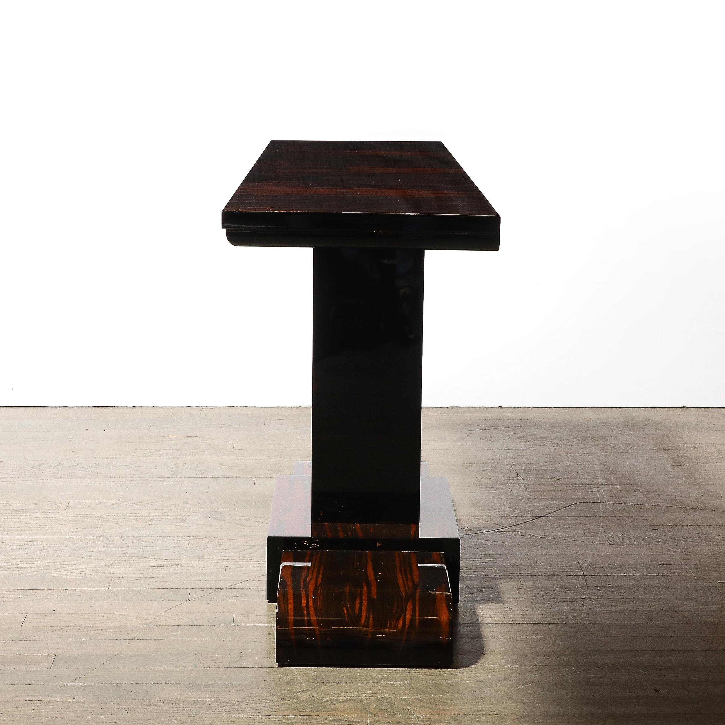 Pair of Art Deco Streamline Zebra Wood Console Tables W/ Black Lacquer Accents For Sale 3