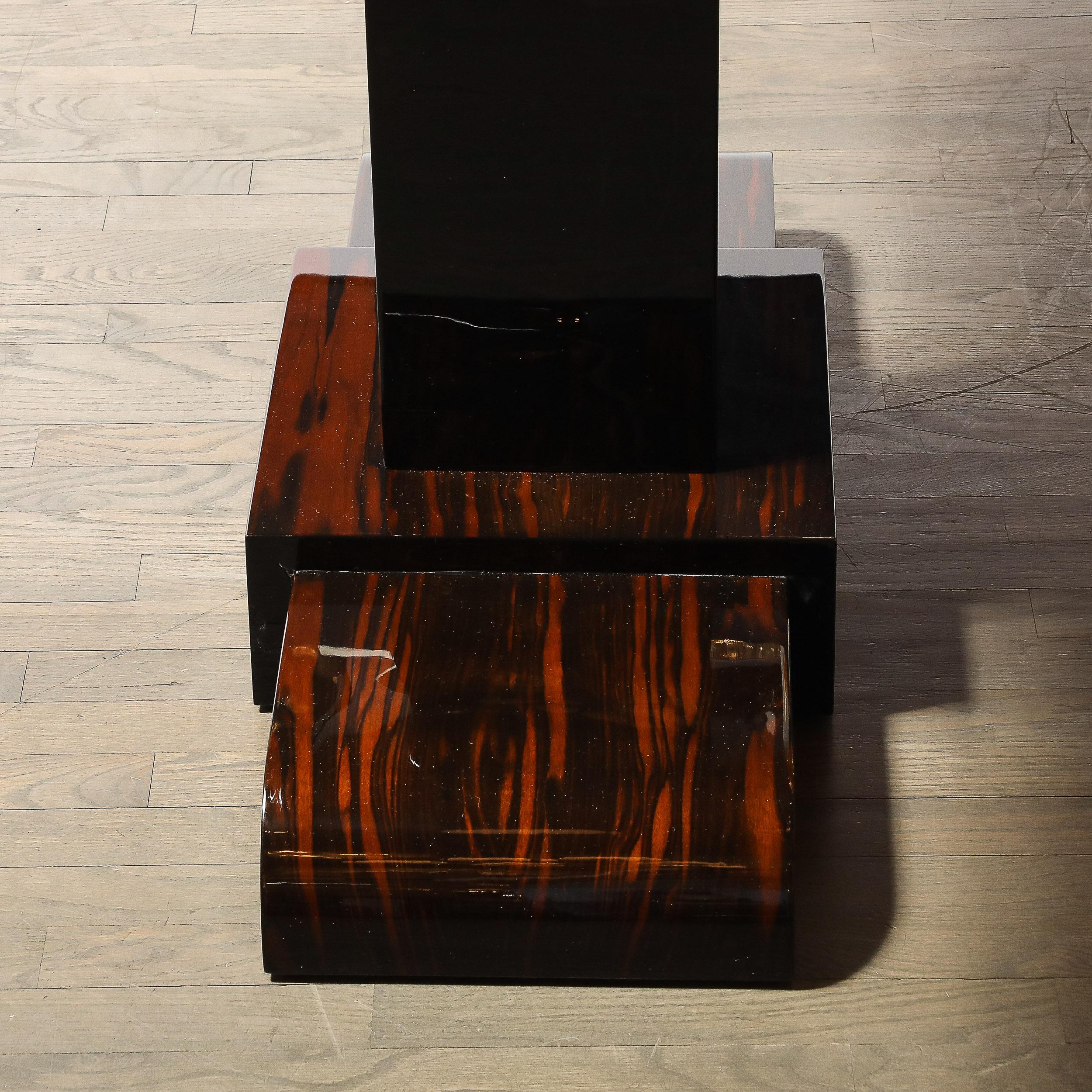Pair of Art Deco Streamline Zebra Wood Console Tables W/ Black Lacquer Accents For Sale 4