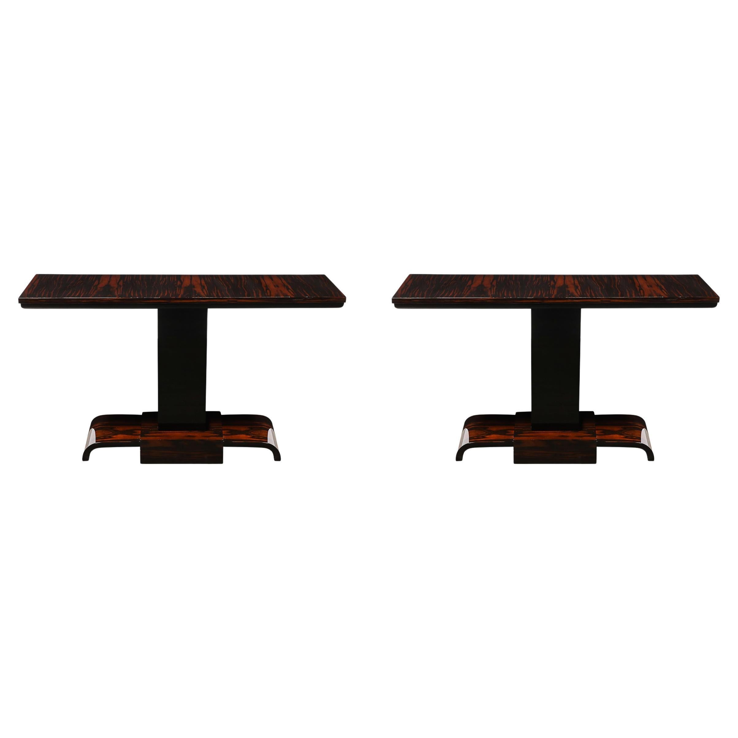 Pareja de Consolas Art Decó Streamline de Madera de Cebra con Detalles Lacados en Negro