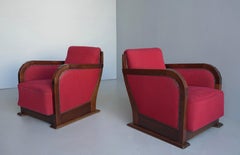 Pair of Art Deco Streamlined Armchairs in Walnut and Fabric, France 1930's