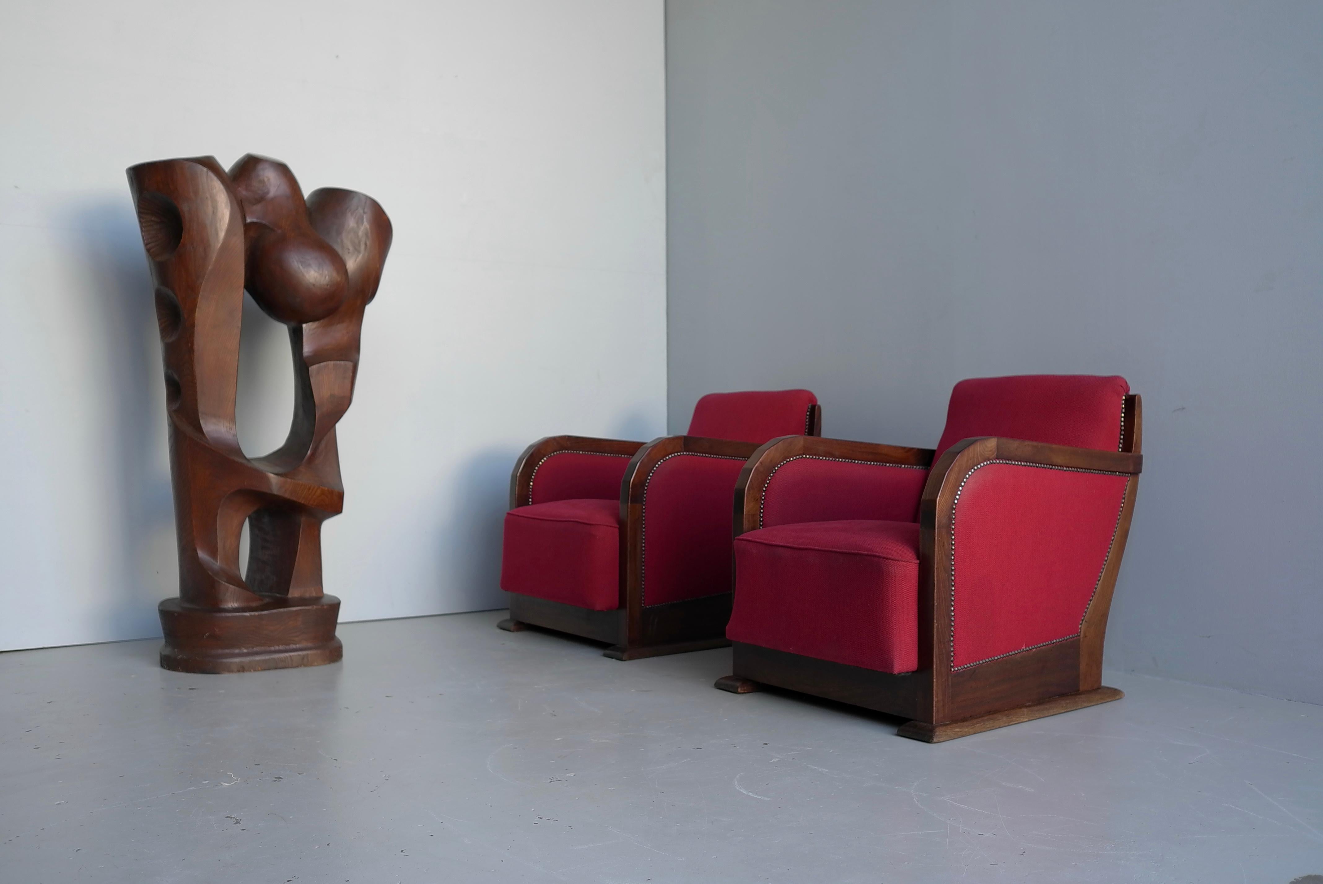 Francese Coppia di poltrone in stile Art Déco in noce e tessuto, Francia anni '30 in vendita