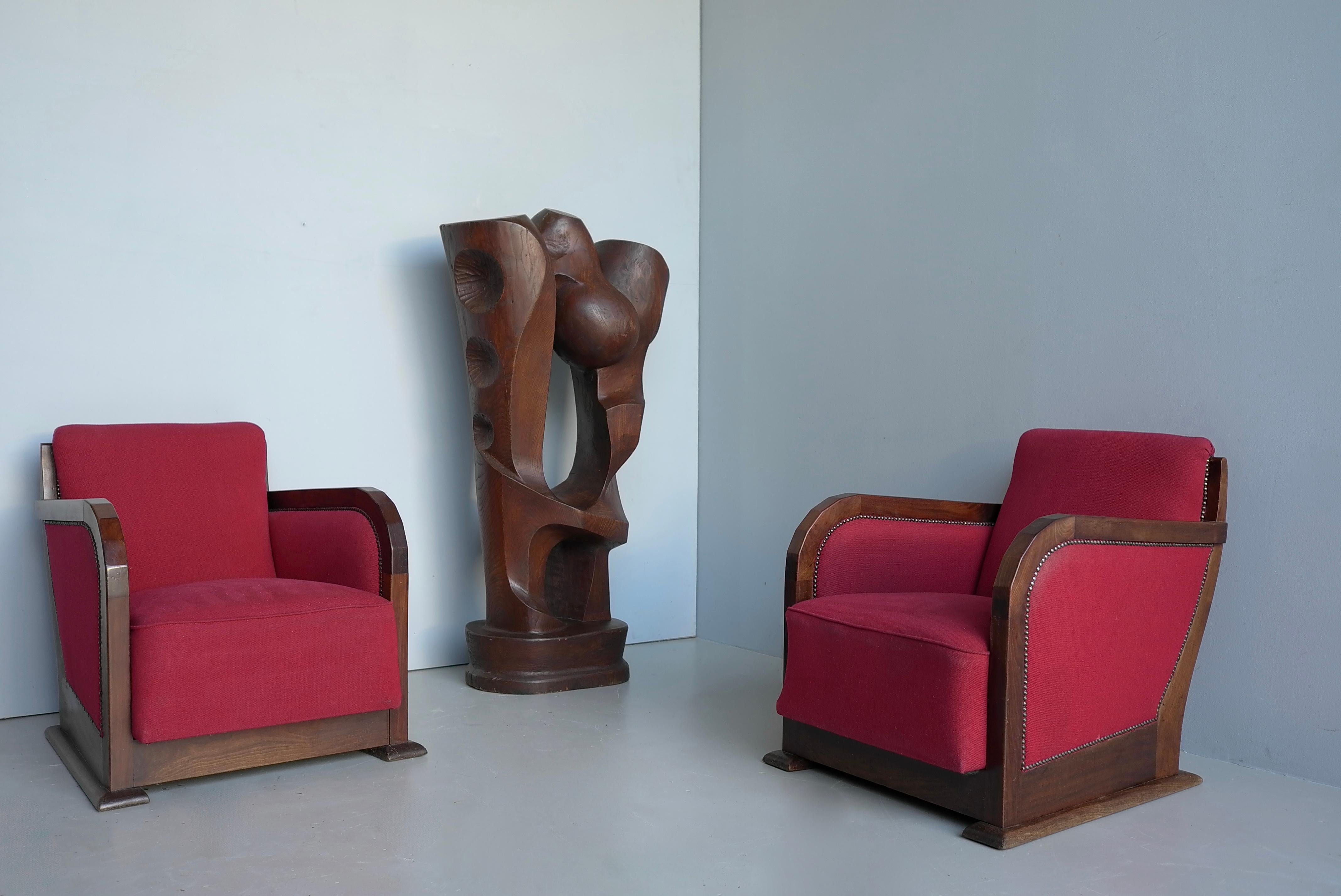 Metà XX secolo Coppia di poltrone in stile Art Déco in noce e tessuto, Francia anni '30 in vendita