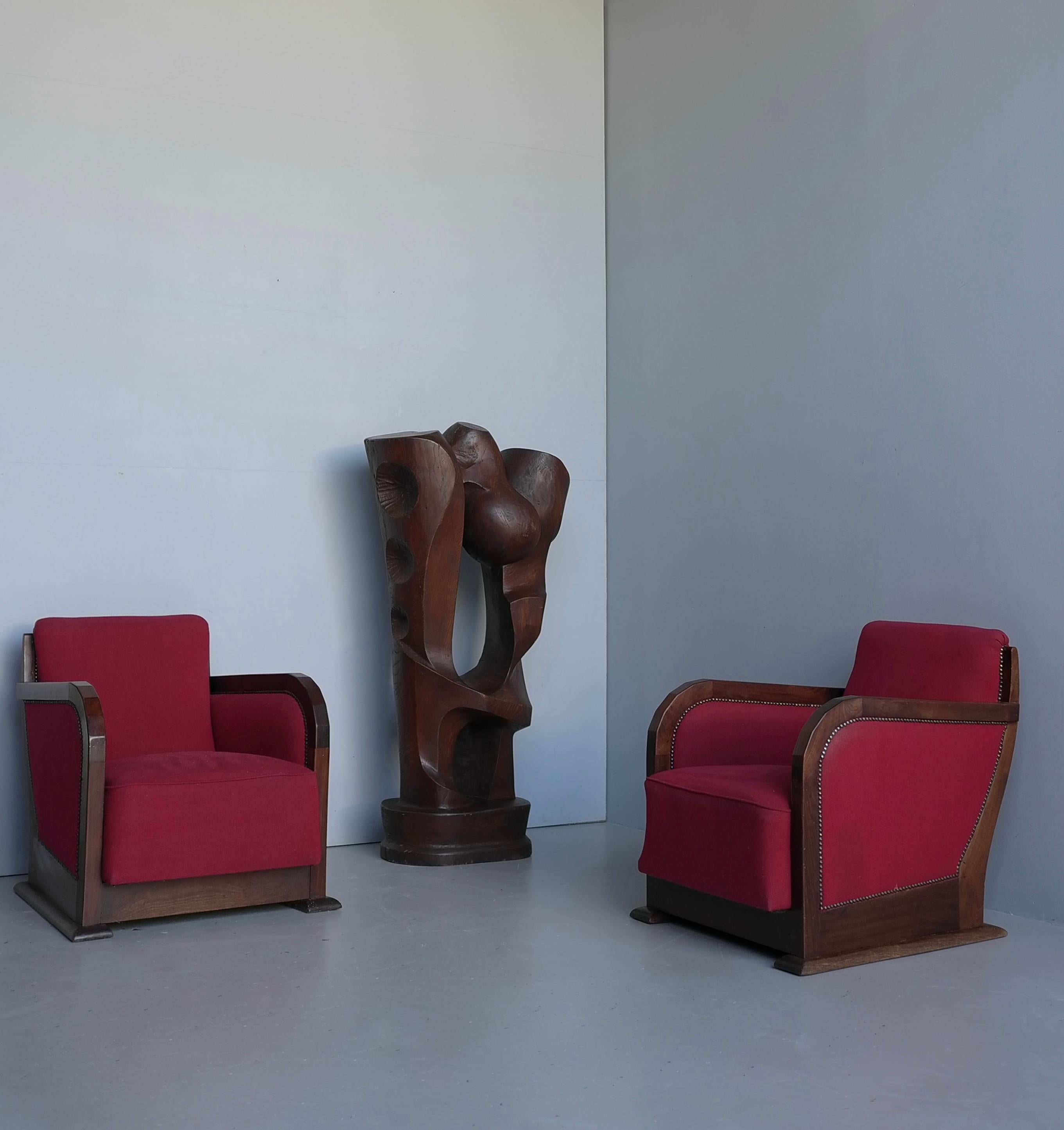 Tessuto Coppia di poltrone in stile Art Déco in noce e tessuto, Francia anni '30 in vendita