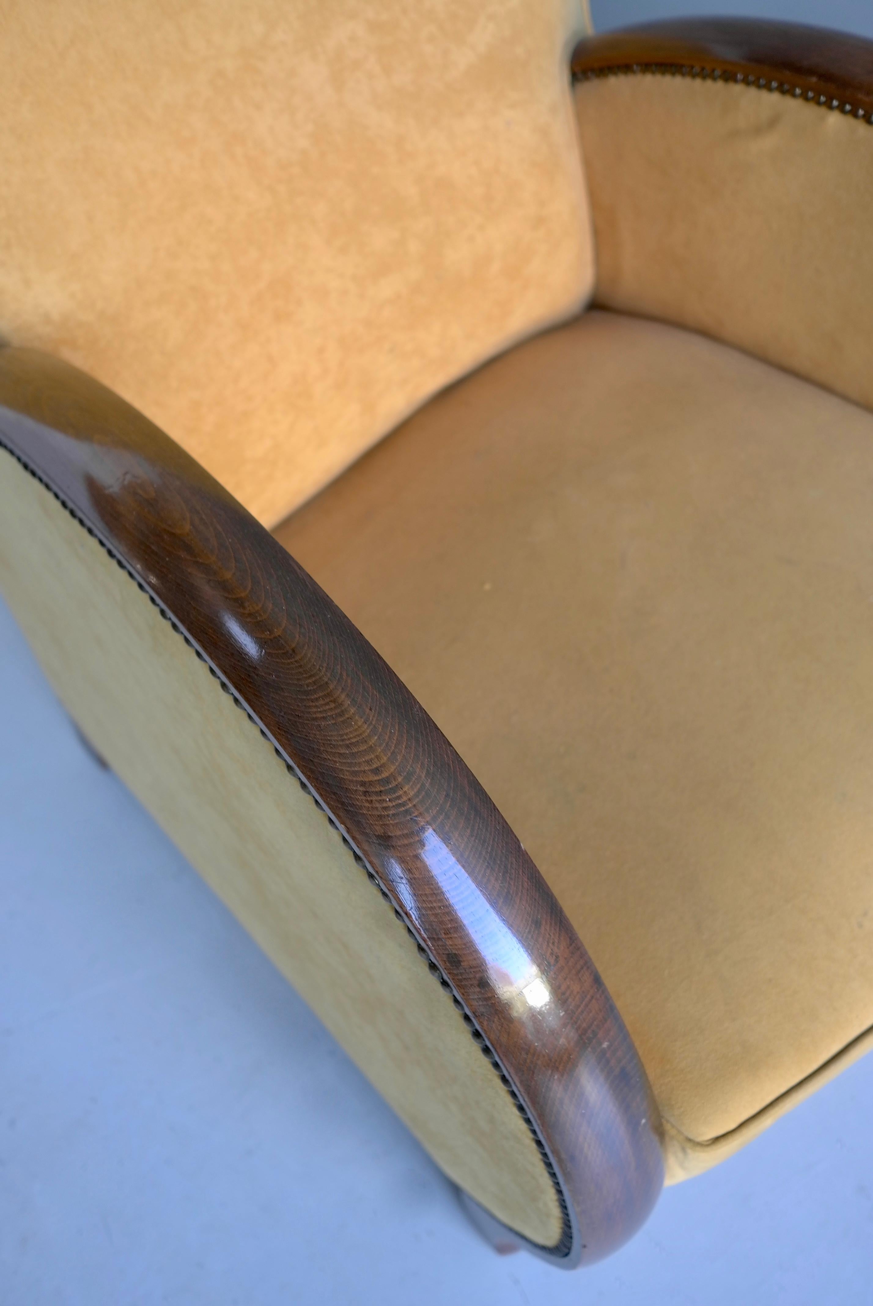 Pair of Art Deco Streamlined Armchairs in yellow Velvet with Wooden arms 1930's For Sale 6