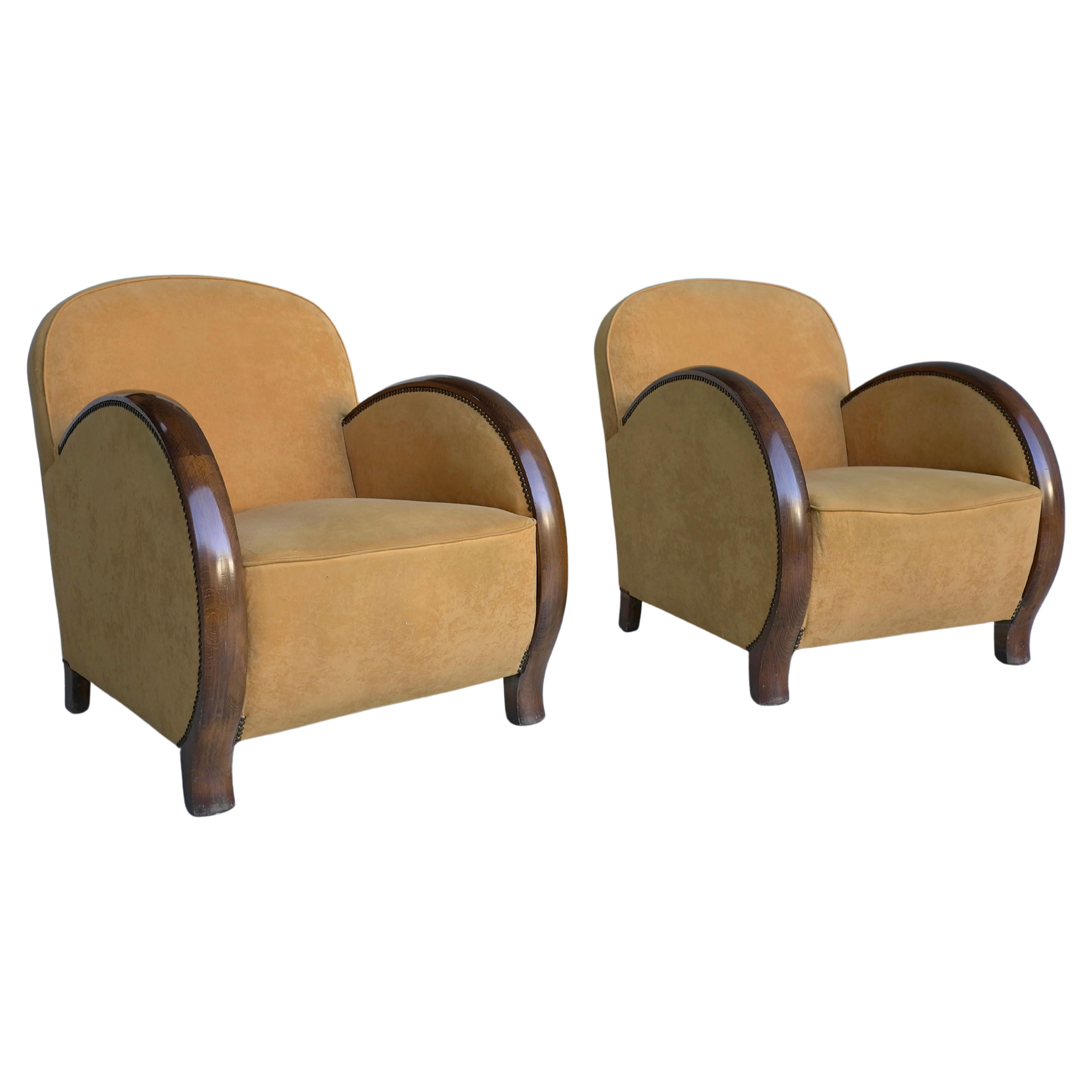 Pair of Art Deco Streamlined Armchairs in yellow Velvet with Wooden arms 1930's For Sale