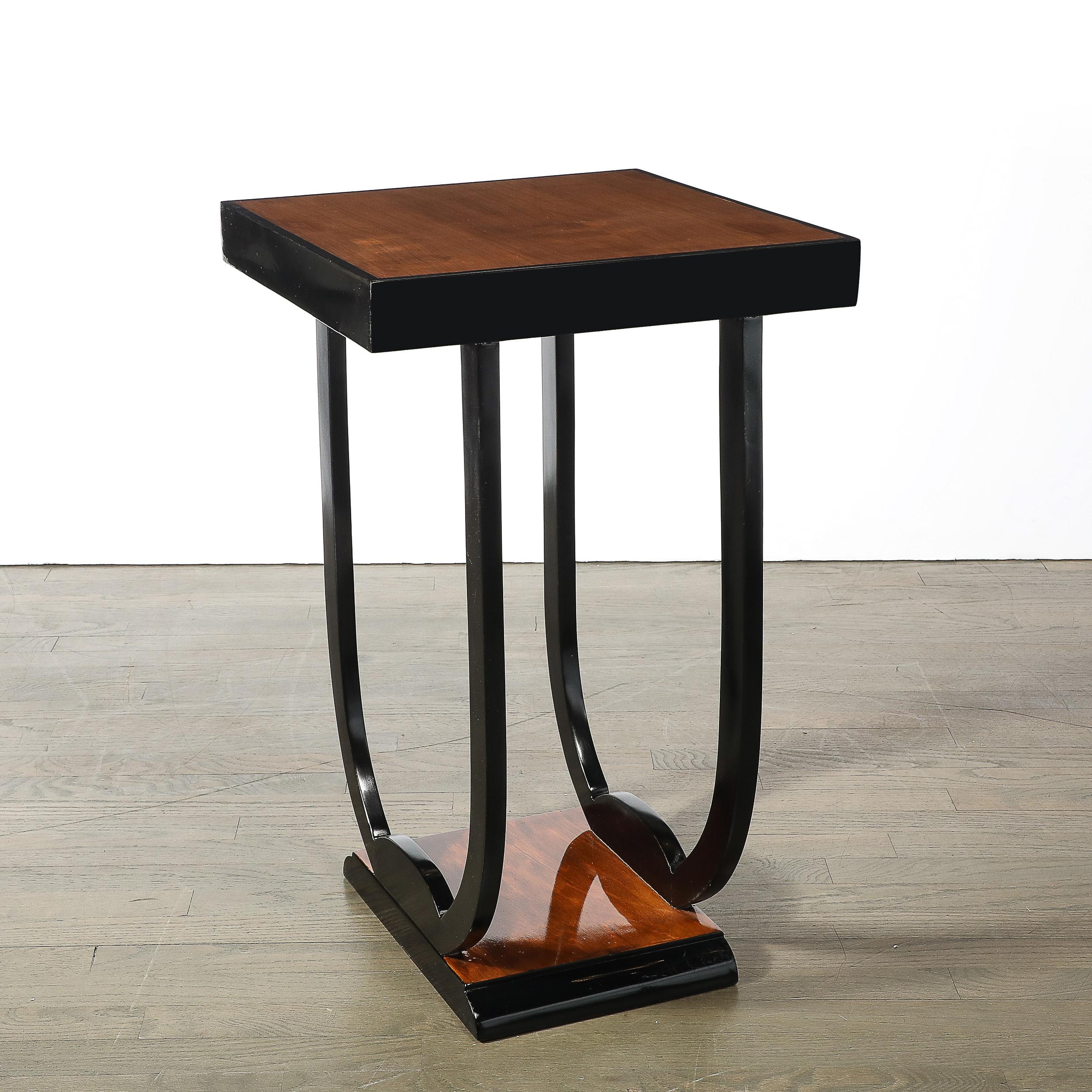Streamlined Pair of Art Deco Streamlined Bookmatched Walnut and Black Lacquer Side ...