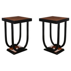 Pair of Art Deco Streamlined Bookmatched Walnut and Black Lacquer Side Tables