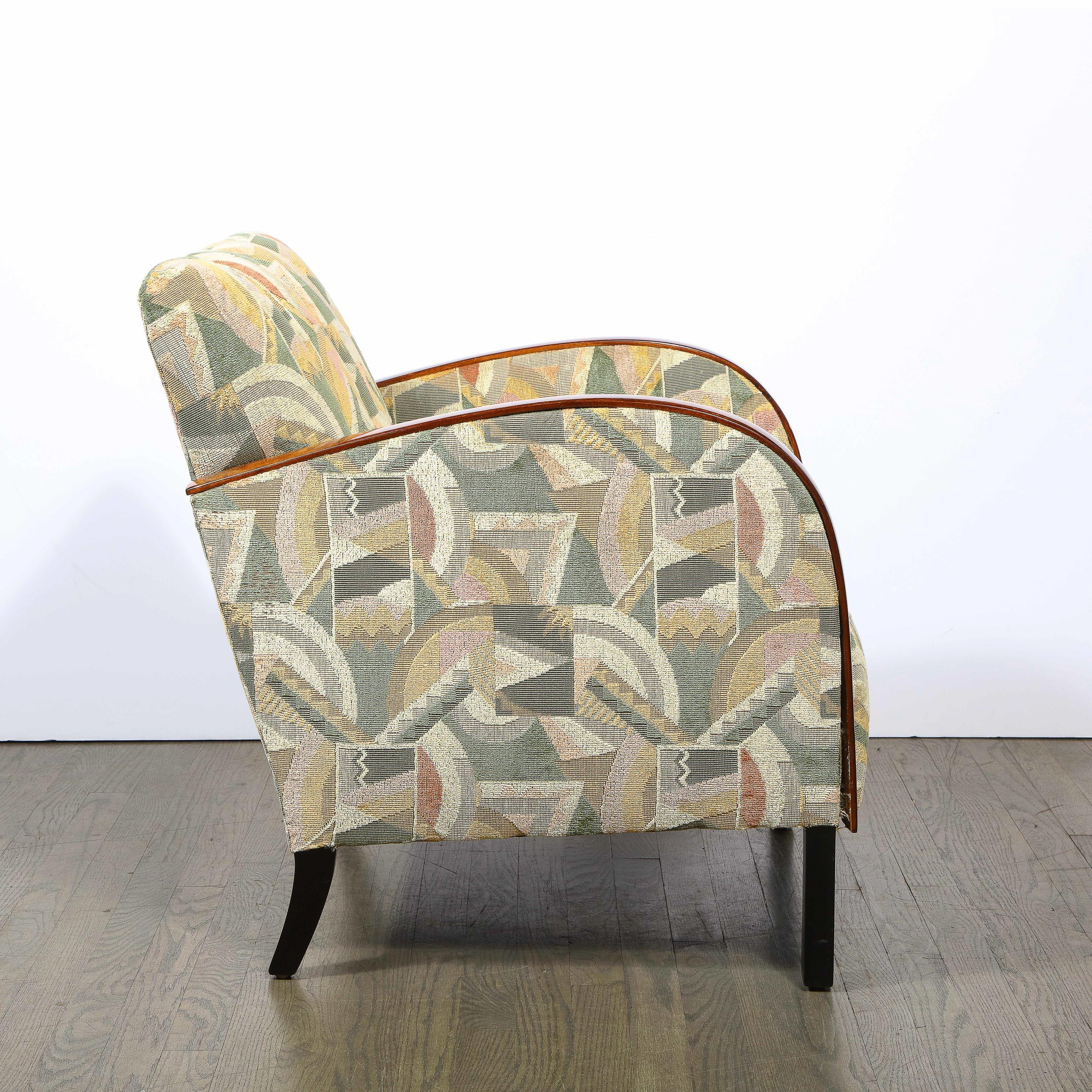 Pair of Art Deco Streamlined Walnut Club Chairs in Cubist Clarence House Fabric 4