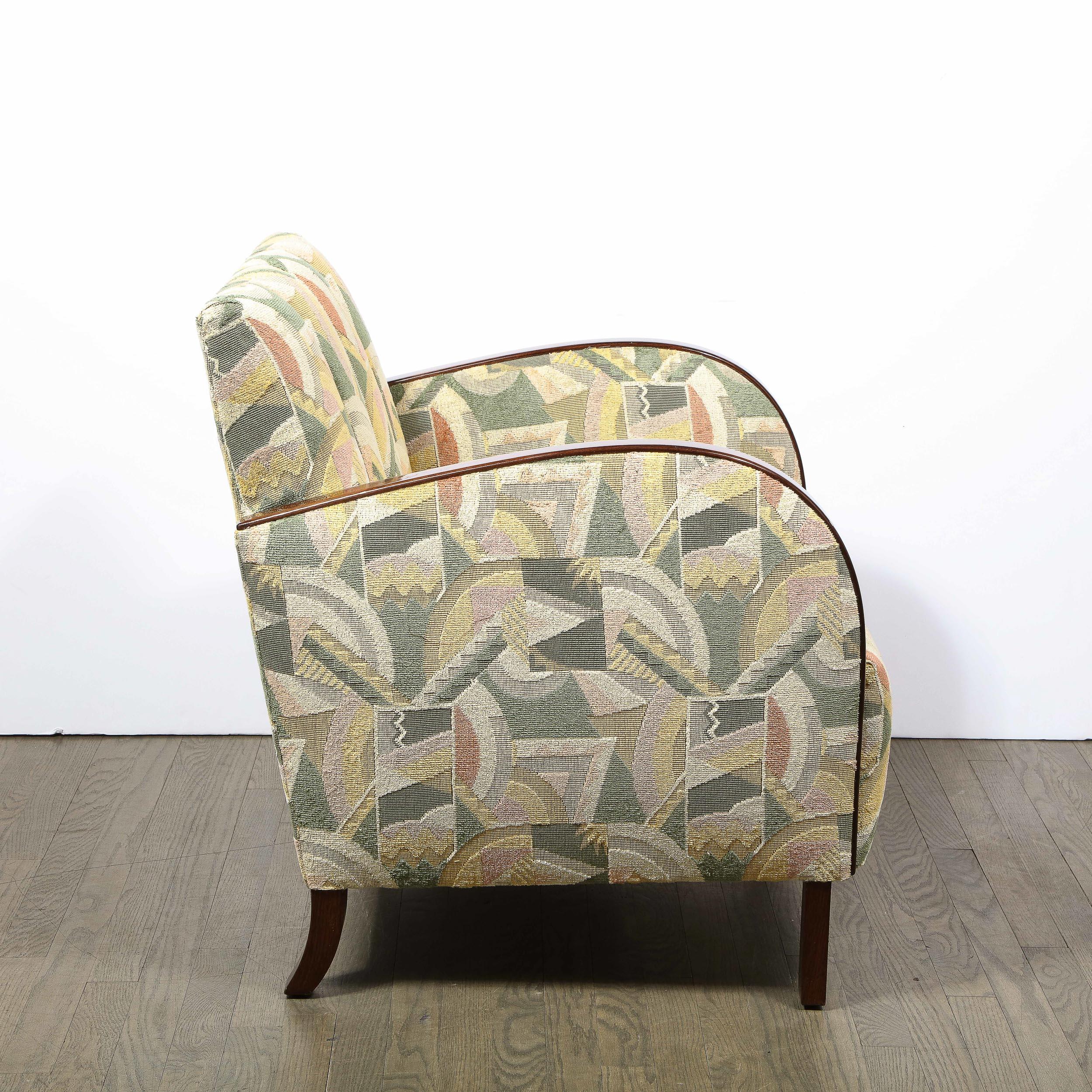 Pair of Art Deco Streamlined Walnut Club Chairs in Cubist Clarence House Fabric For Sale 5