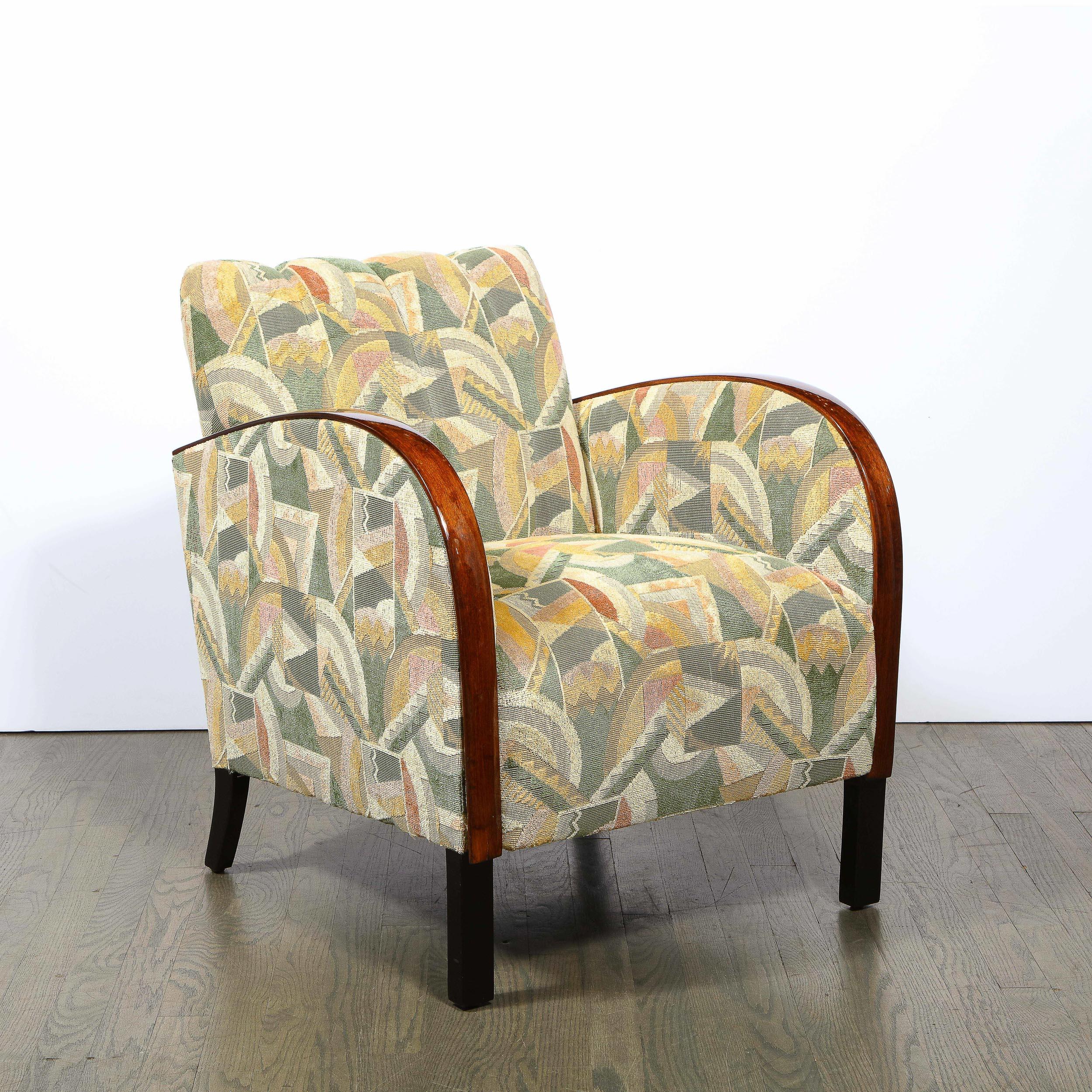 Pair of Art Deco Streamlined Walnut Club Chairs in Cubist Clarence House Fabric 5