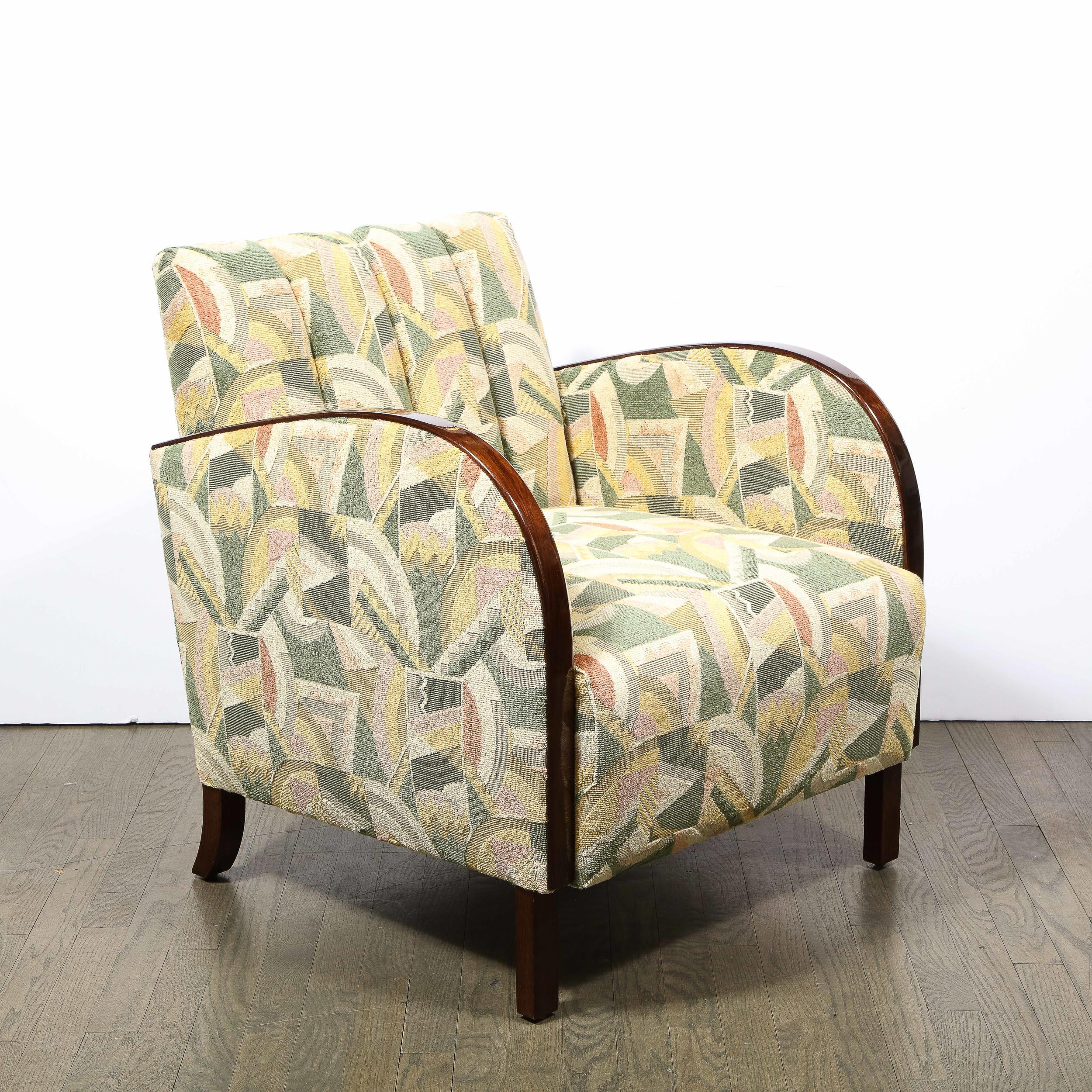 Pair of Art Deco Streamlined Walnut Club Chairs in Cubist Clarence House Fabric For Sale 6