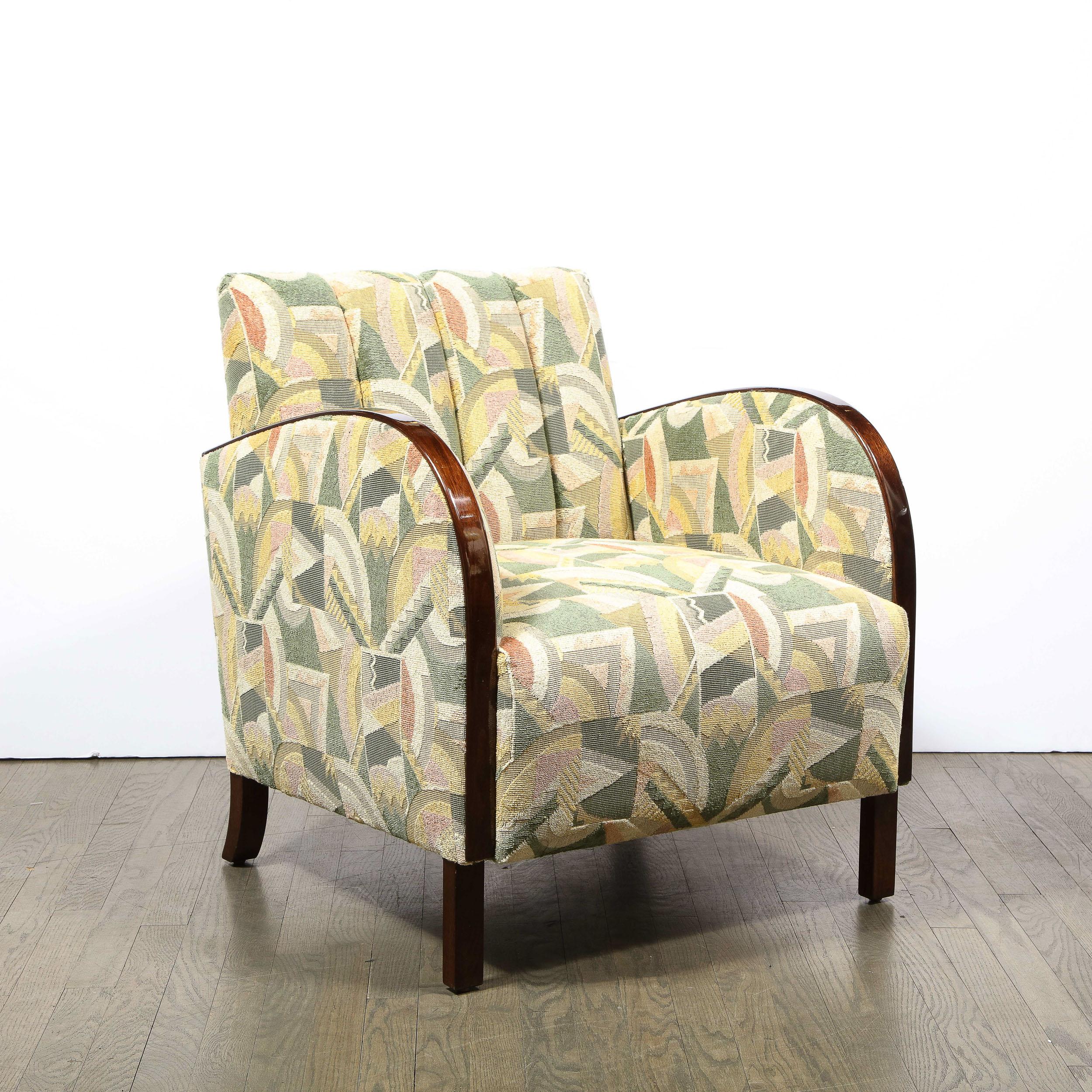 Pair of Art Deco Streamlined Walnut Club Chairs in Cubist Clarence House Fabric For Sale 7