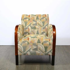 Pair of Art Deco Streamlined Walnut Club Chairs in Cubist Clarence House Fabric