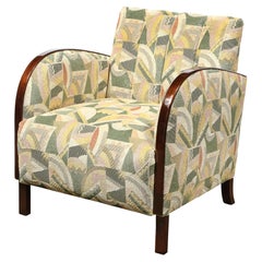 Pair of Art Deco Streamlined Walnut Club Chairs in Cubist Clarence House Fabric