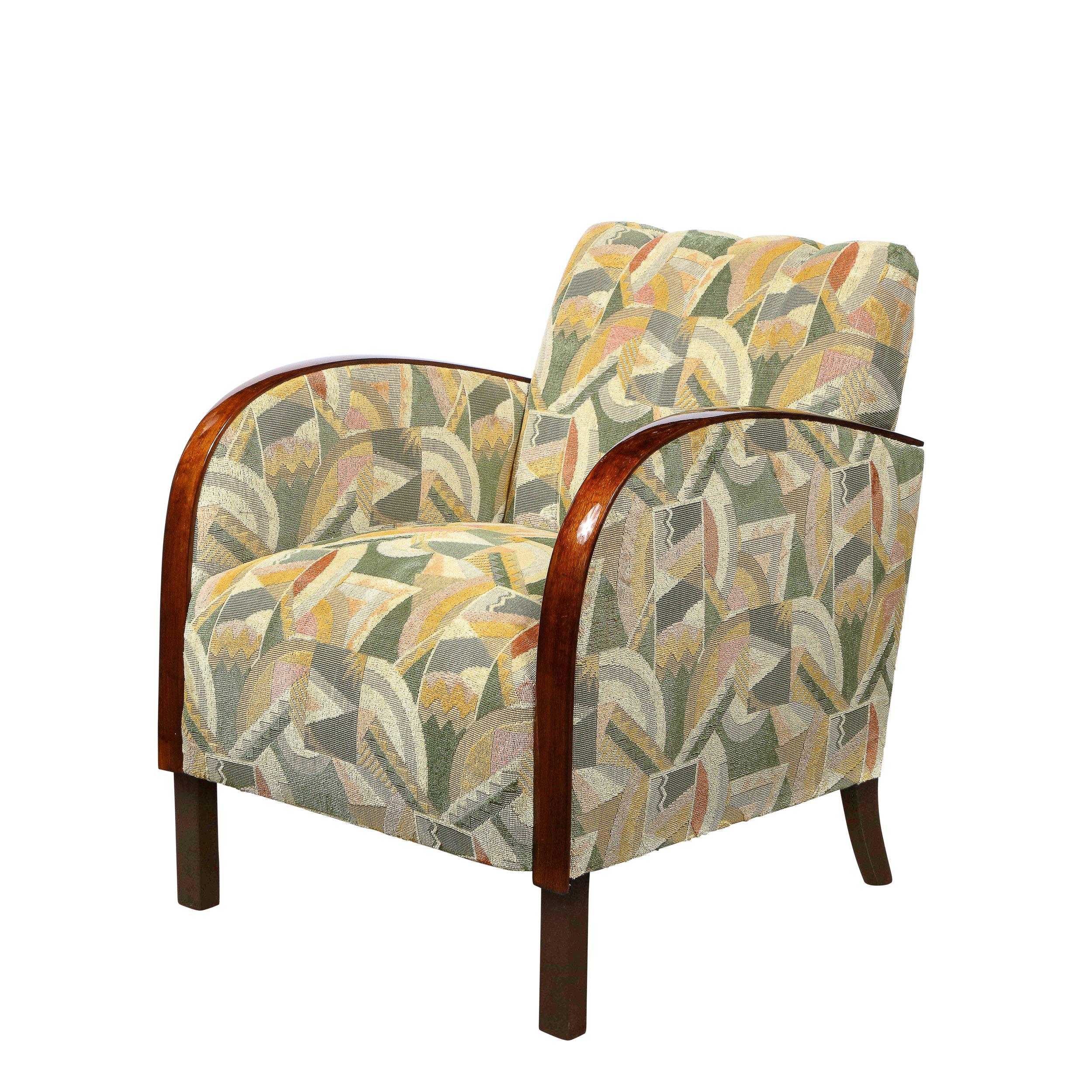 French Pair of Art Deco Streamlined Walnut Club Chairs in Cubist Clarence House Fabric