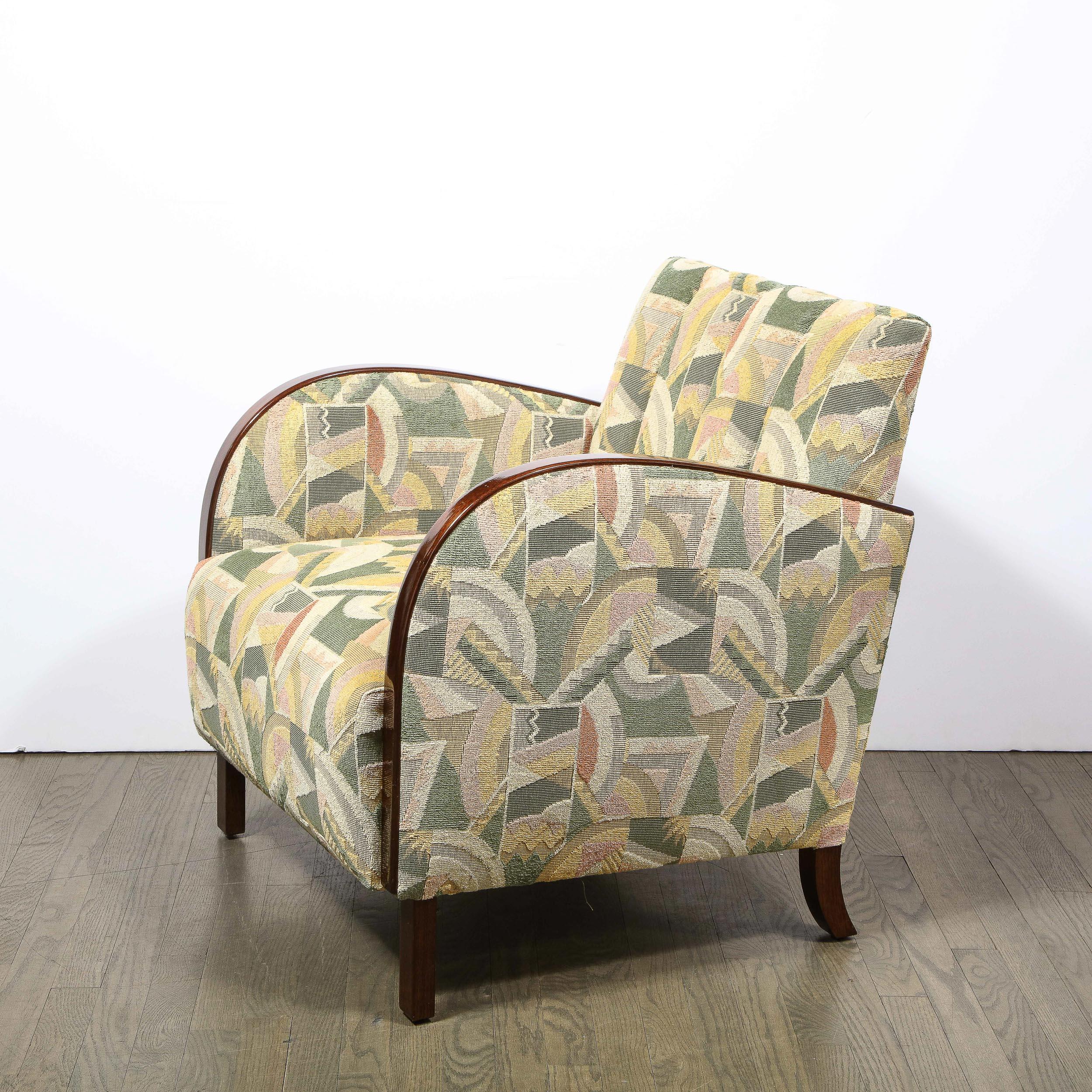 French Pair of Art Deco Streamlined Walnut Club Chairs in Cubist Clarence House Fabric For Sale
