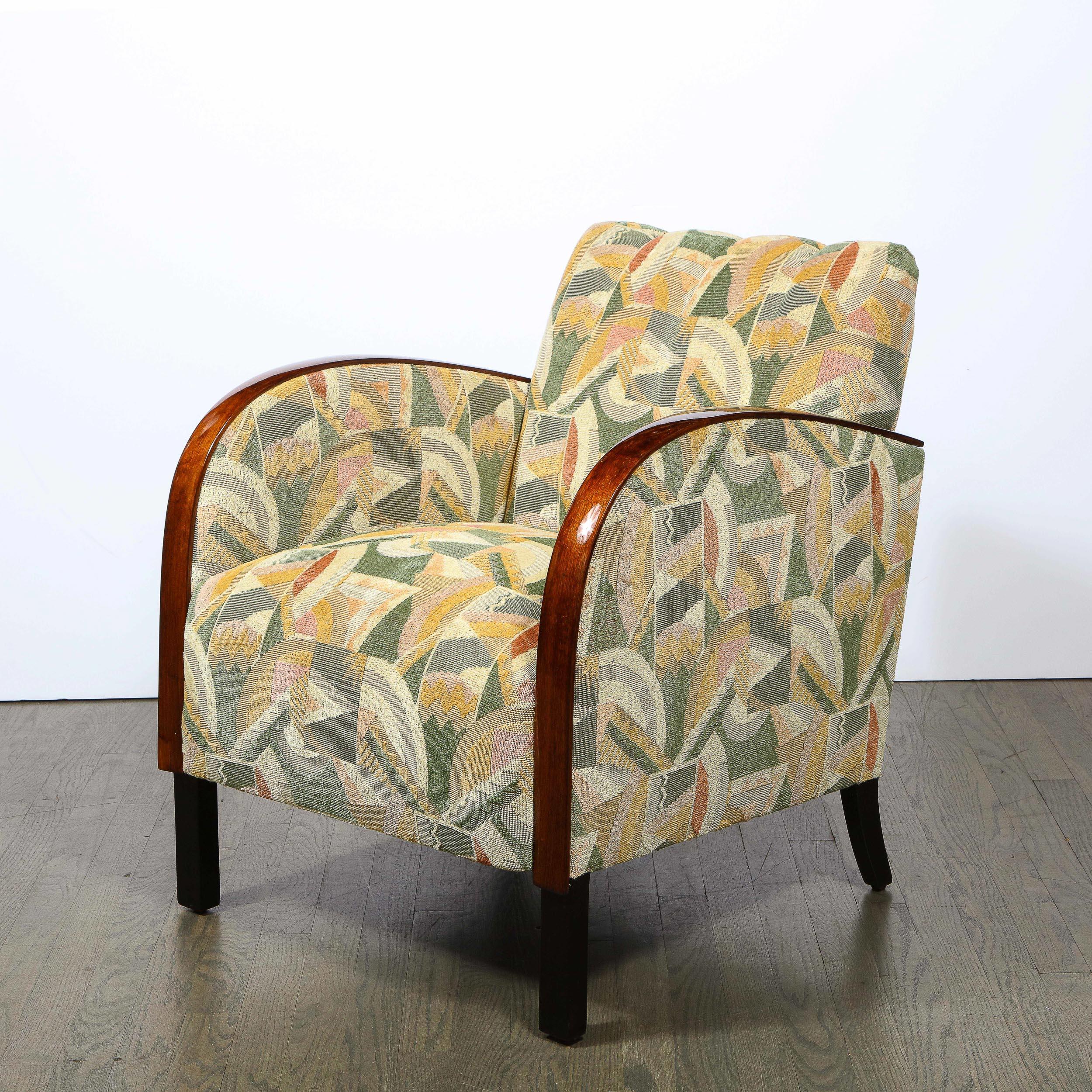 Pair of Art Deco Streamlined Walnut Club Chairs in Cubist Clarence House Fabric In Excellent Condition In New York, NY