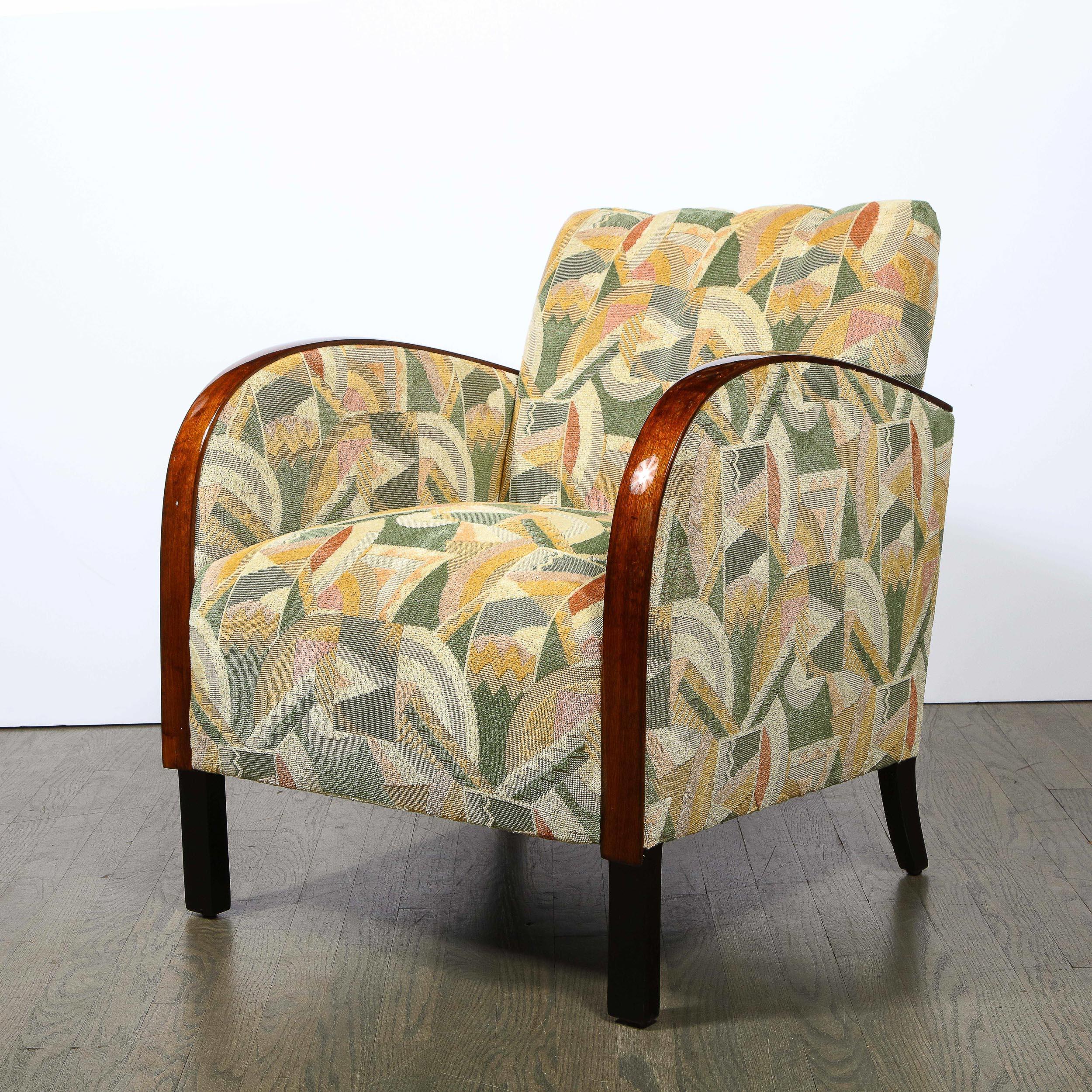 Mid-20th Century Pair of Art Deco Streamlined Walnut Club Chairs in Cubist Clarence House Fabric