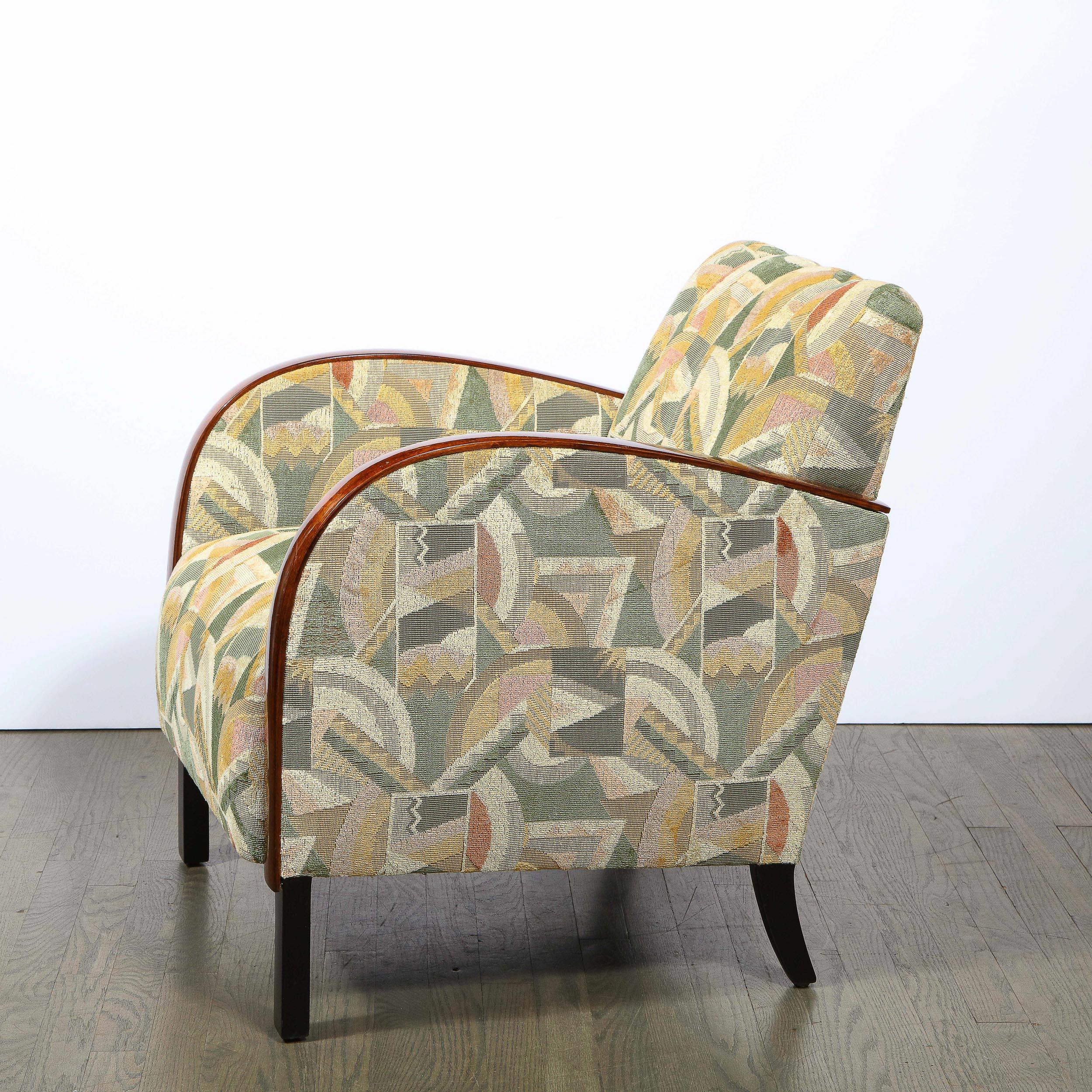 Upholstery Pair of Art Deco Streamlined Walnut Club Chairs in Cubist Clarence House Fabric