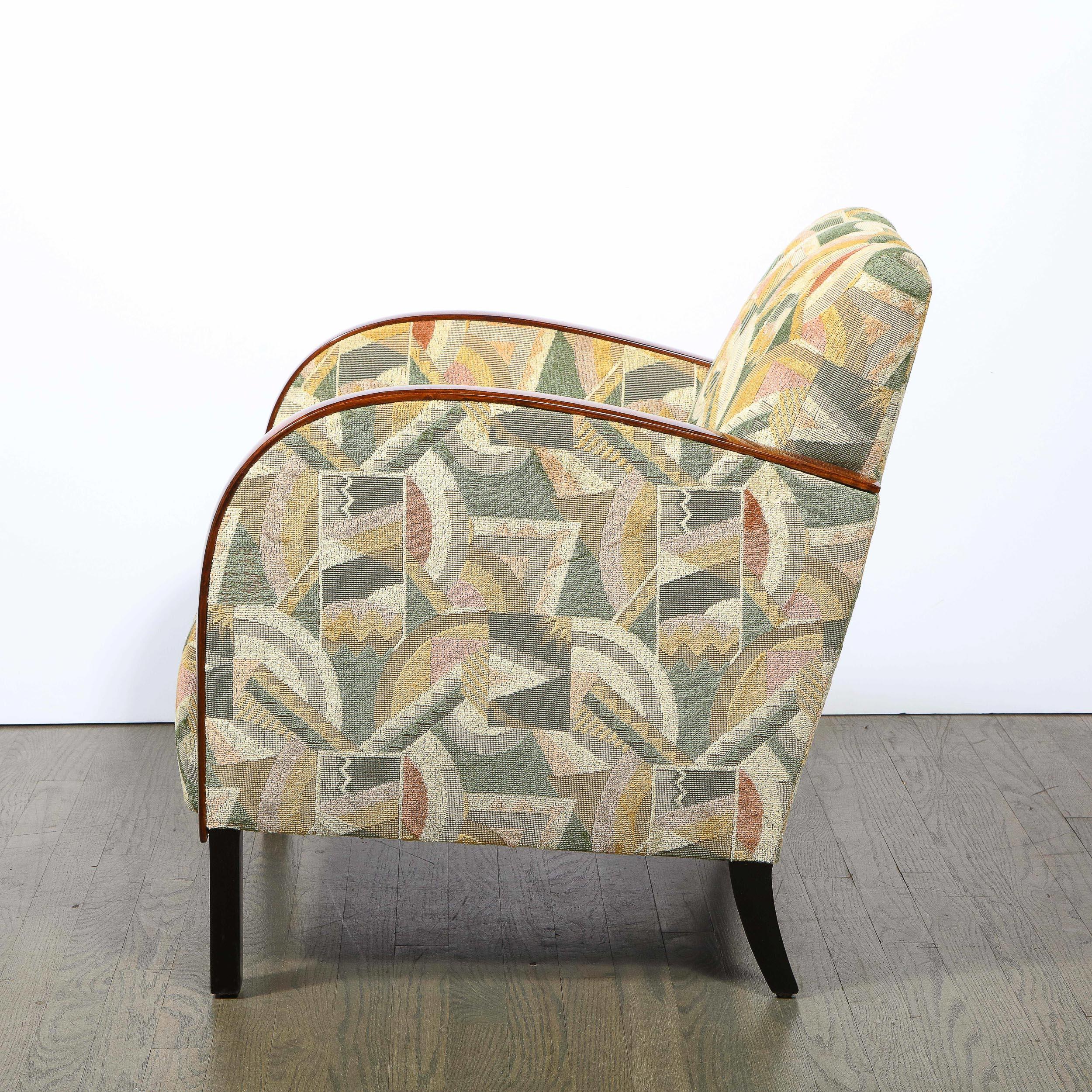 Pair of Art Deco Streamlined Walnut Club Chairs in Cubist Clarence House Fabric 1