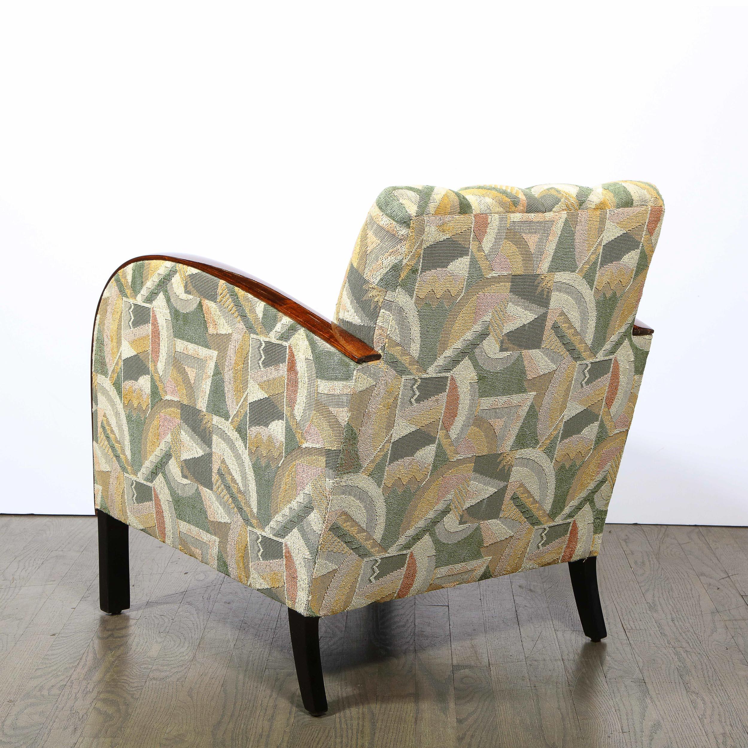 Pair of Art Deco Streamlined Walnut Club Chairs in Cubist Clarence House Fabric 2
