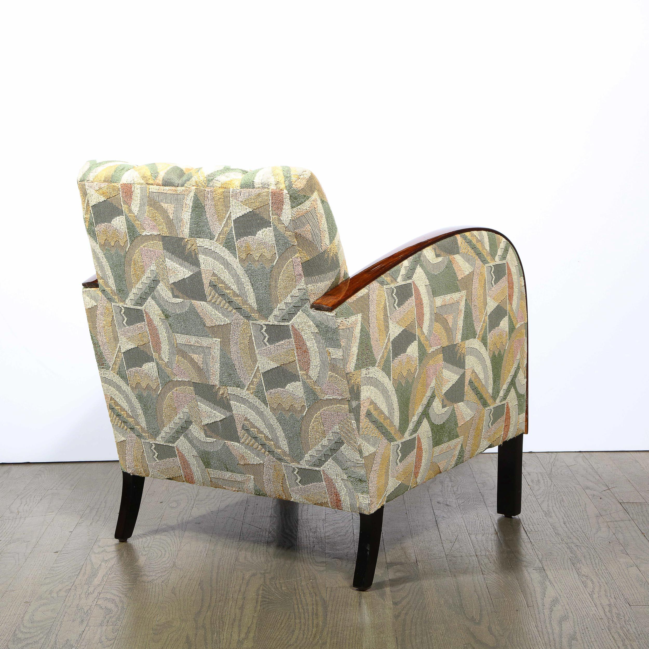 Pair of Art Deco Streamlined Walnut Club Chairs in Cubist Clarence House Fabric 3