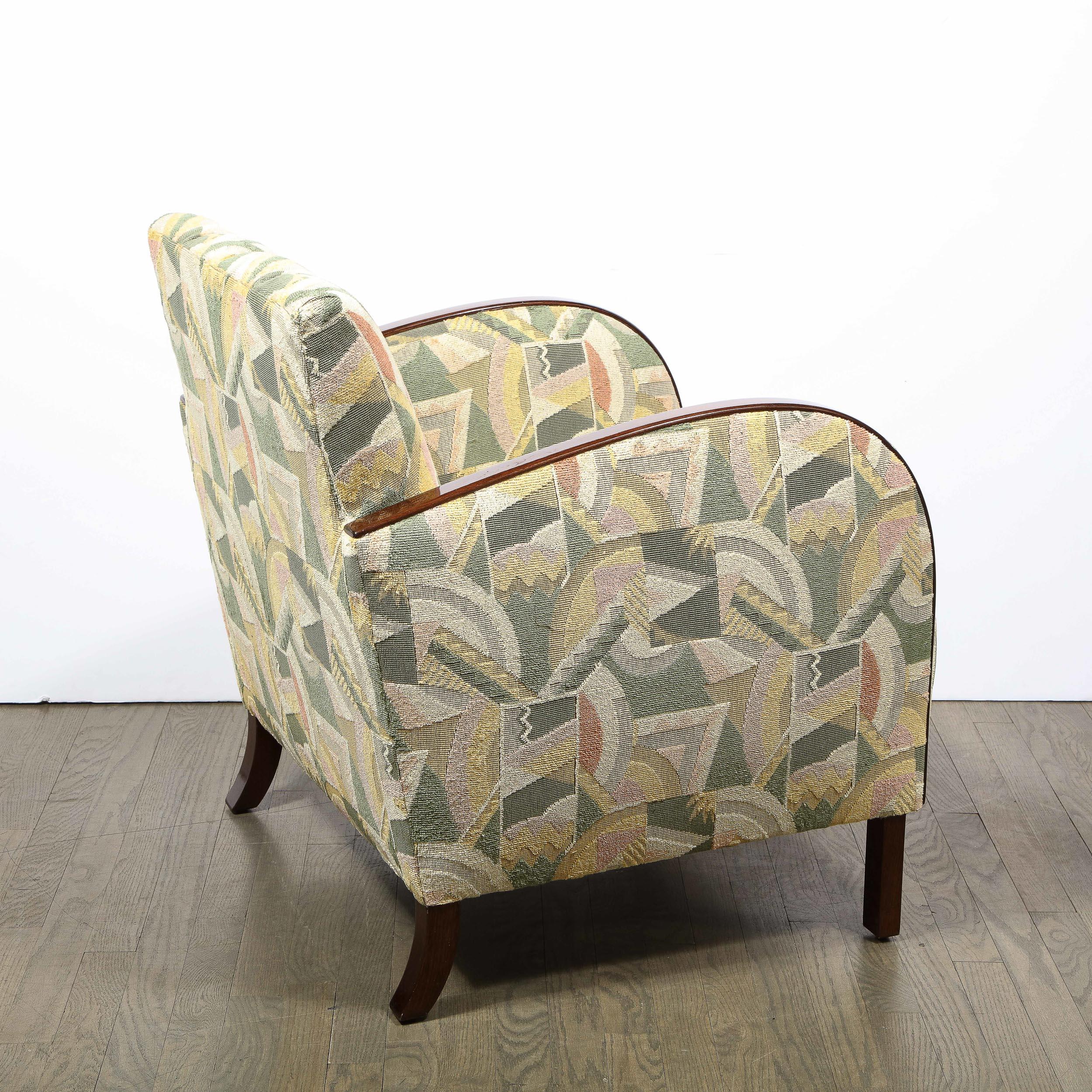 Pair of Art Deco Streamlined Walnut Club Chairs in Cubist Clarence House Fabric For Sale 4