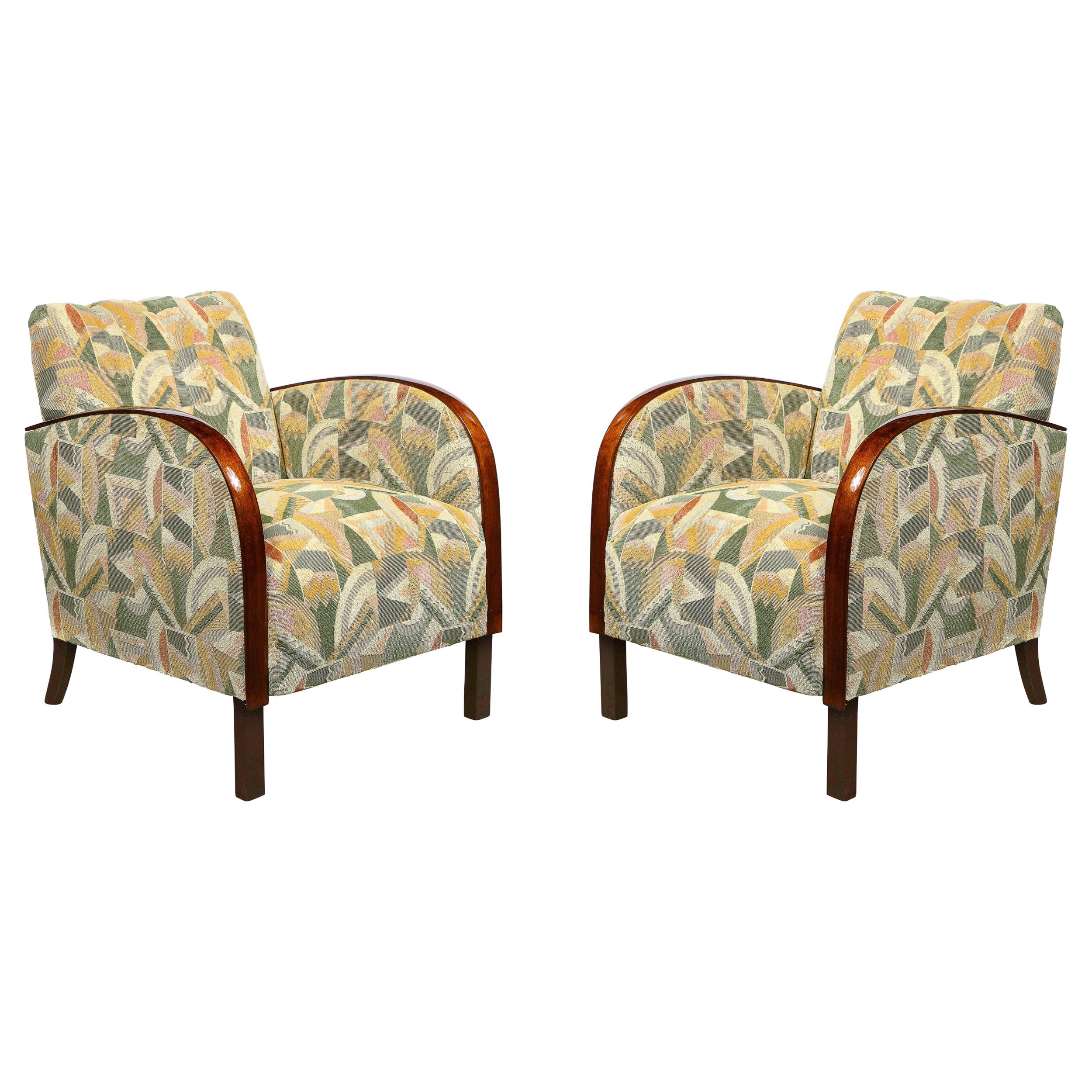 Pair of Art Deco Streamlined Walnut Club Chairs in Cubist Clarence House Fabric