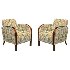 Vintage Pair of Art Deco Streamlined Walnut Club Chairs in Cubist Clarence House Fabric