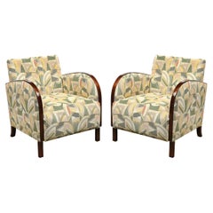 Pair of Art Deco Streamlined Walnut Club Chairs in Cubist Clarence House Fabric