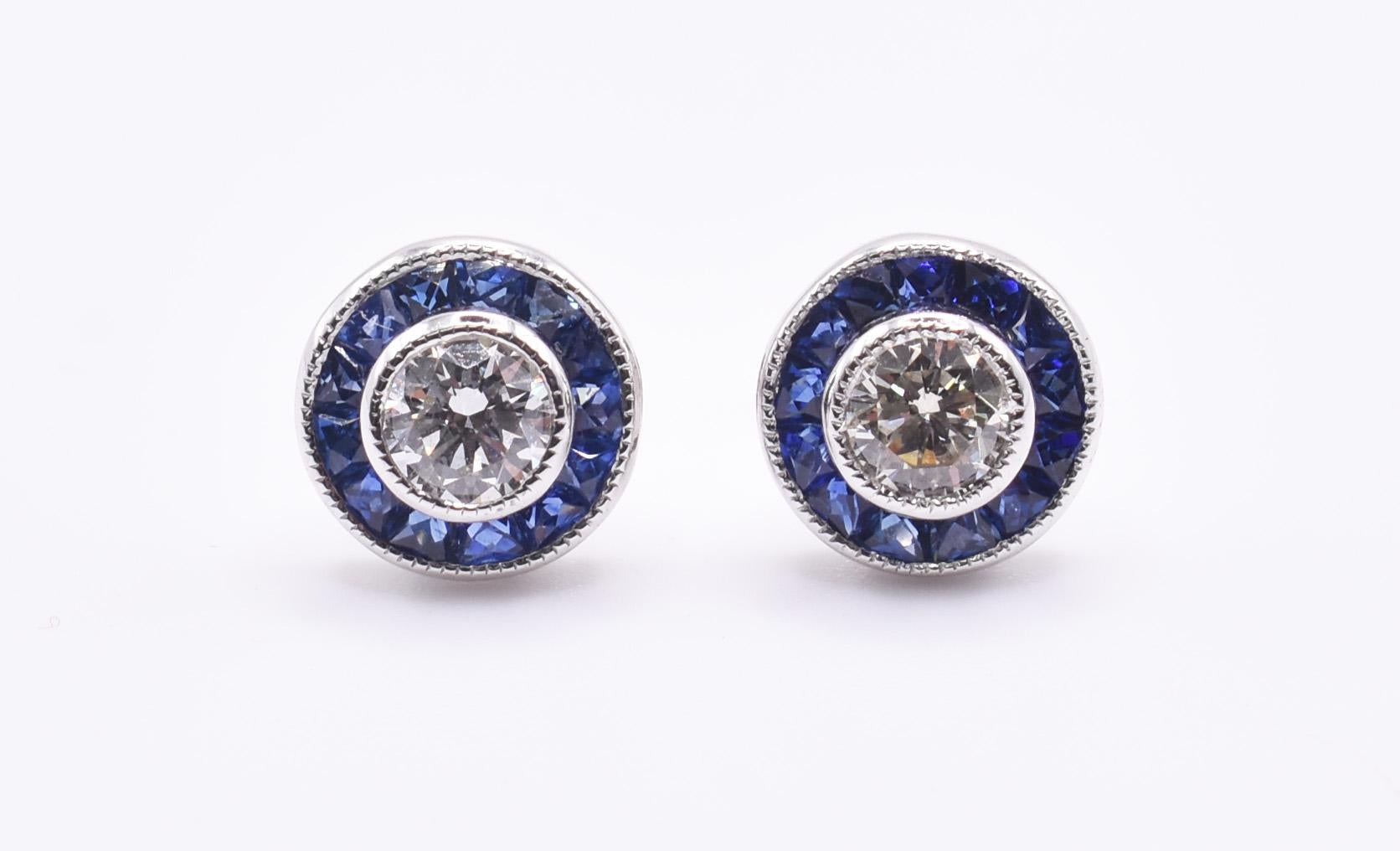 Brilliant Cut Pair of Art Deco Style 18k White Gold Diamond & Sapphire Target Earrings For Sale