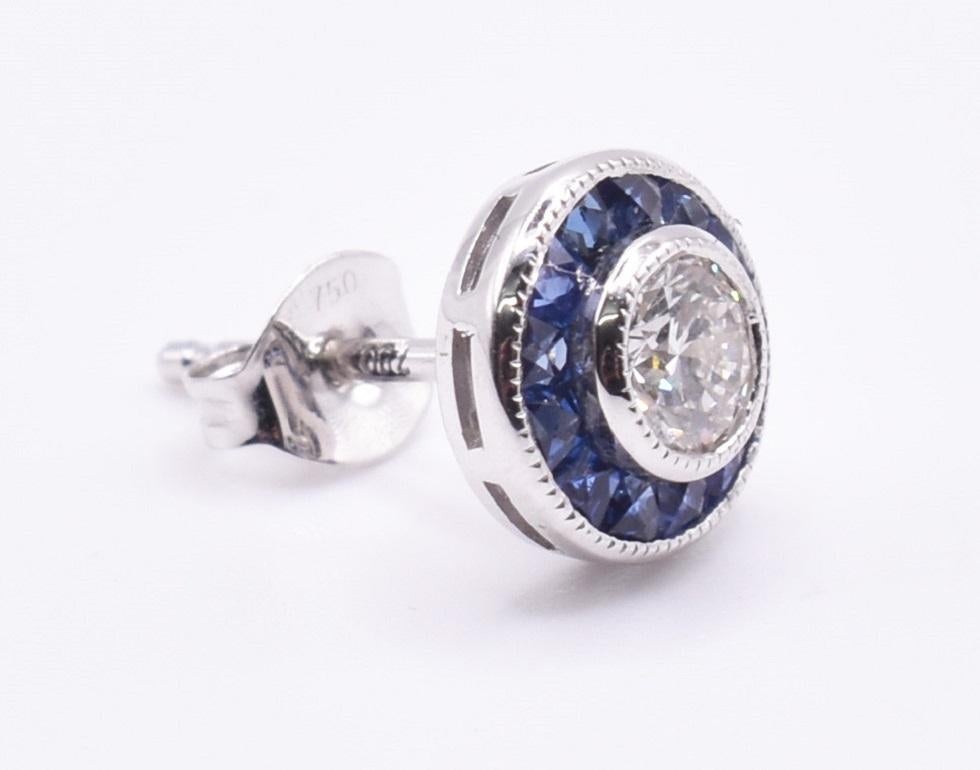 Pair of Art Deco Style 18k White Gold Diamond & Sapphire Target Earrings In New Condition For Sale In Chelmsford, GB