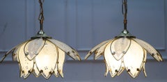 PAIR OF ART DECO STYLE 1960'S FLOWER LOTUS GLASS CEILiNG LAMPS