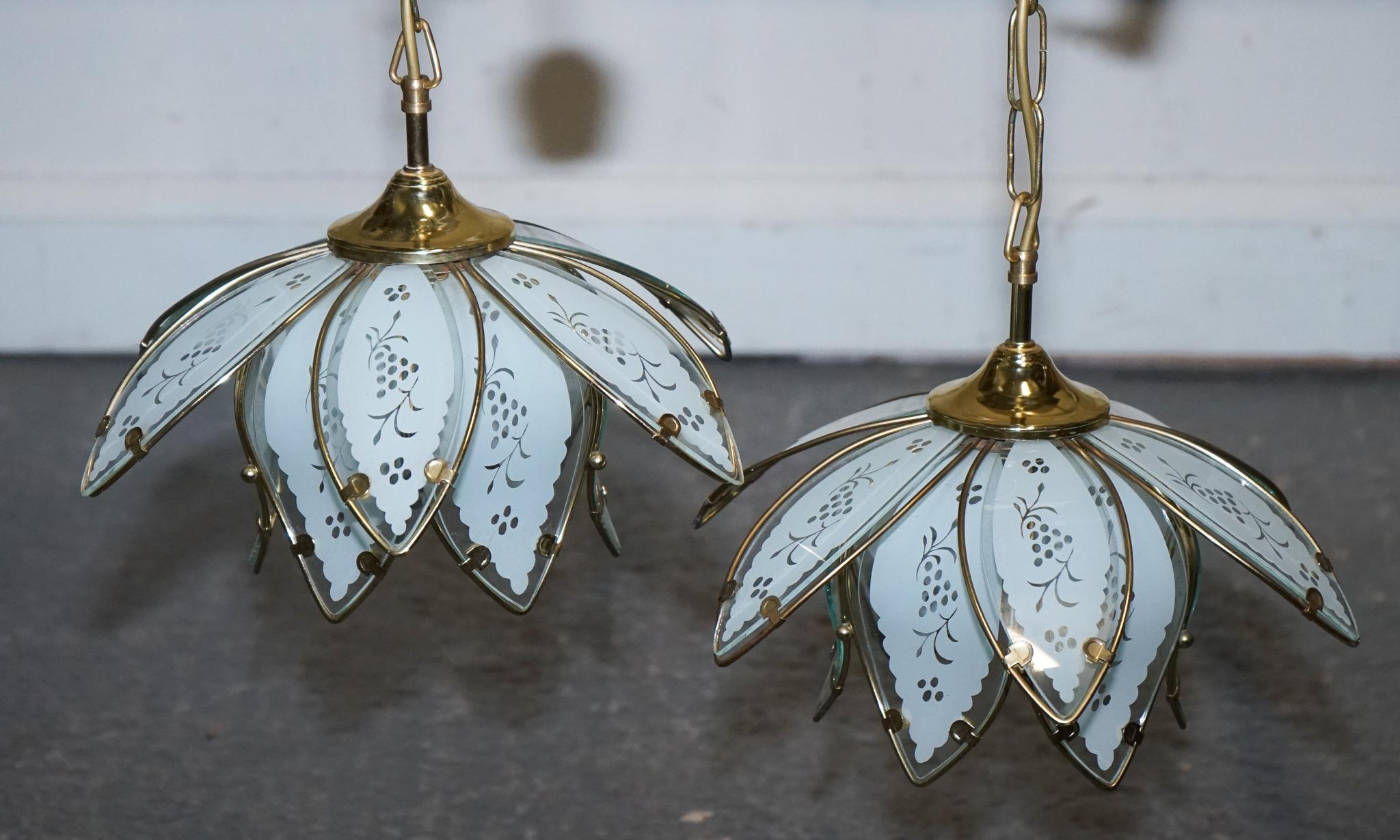 British PAIR OF ART DECO STYLE 1960'S FLOWER LOTUS GLASS CEILiNG LAMPS For Sale