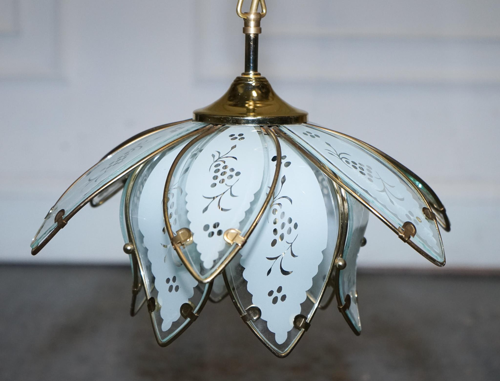 Hand-Crafted PAIR OF ART DECO STYLE 1960'S FLOWER LOTUS GLASS CEILiNG LAMPS For Sale