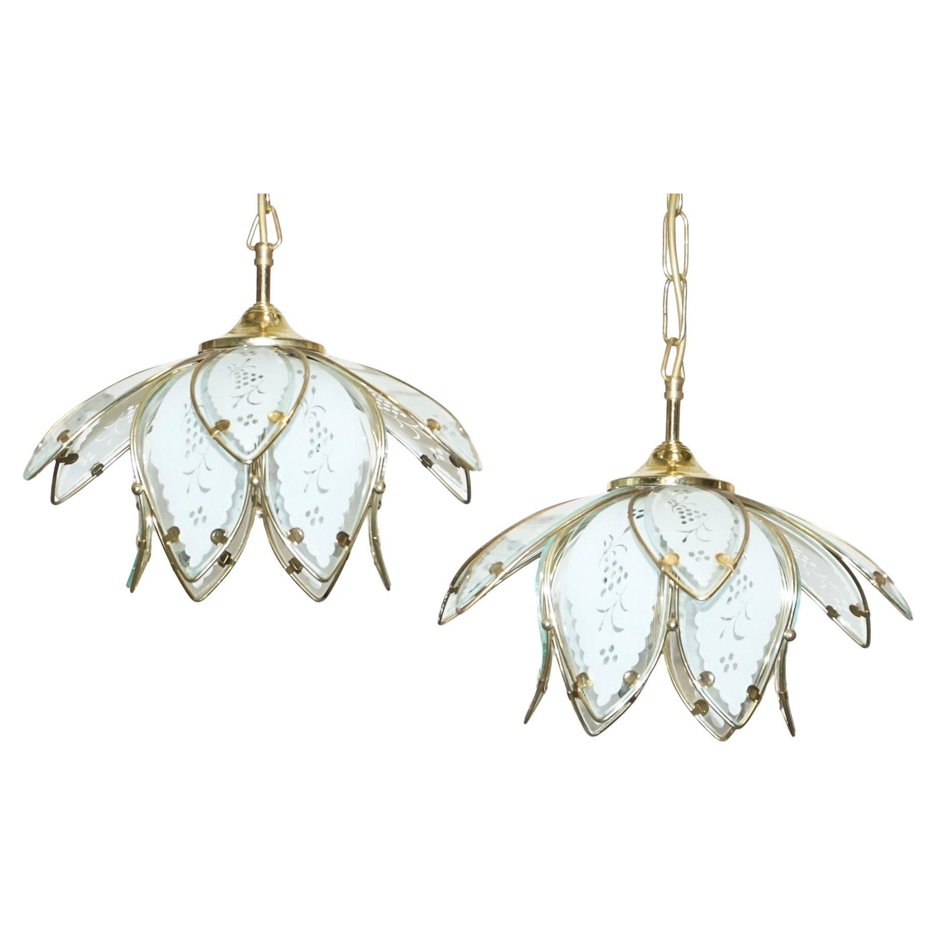 PAIR OF ART DECO STYLE 1960'S FLOWER LOTUS GLASS CEILiNG LAMPS For Sale