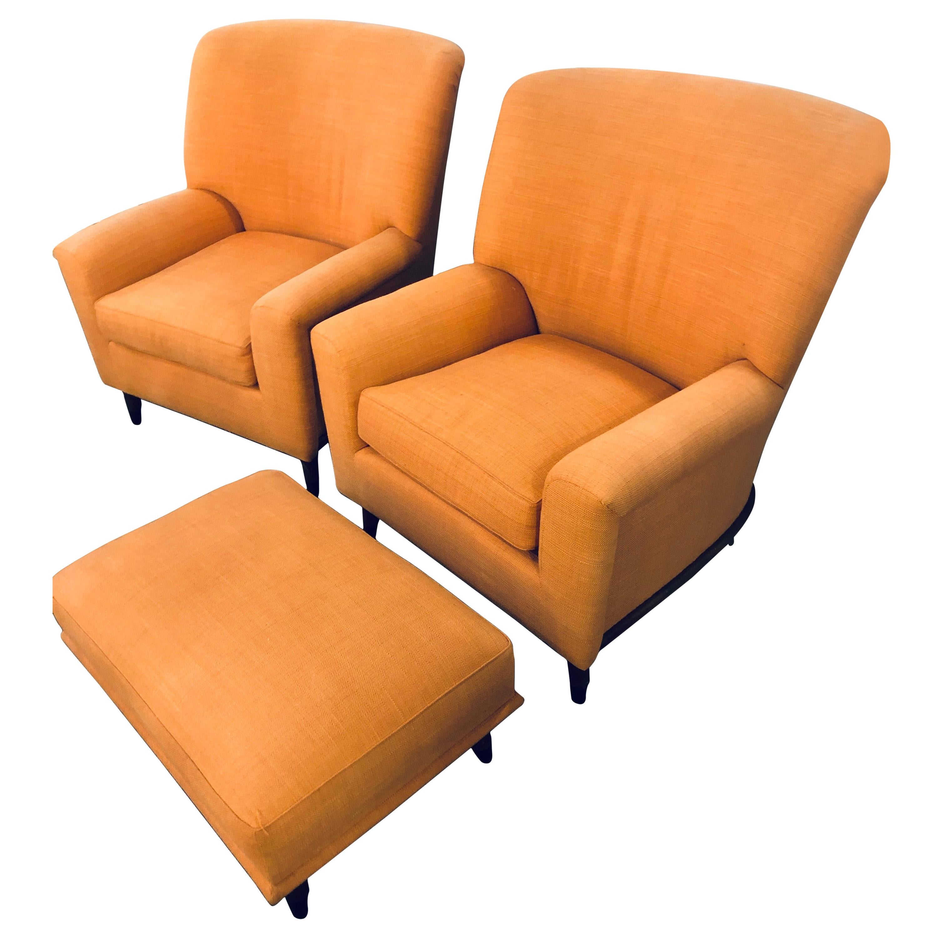 Pair of Art Deco Style A. Schneller 
Sons Large Armchairs with Ottoman