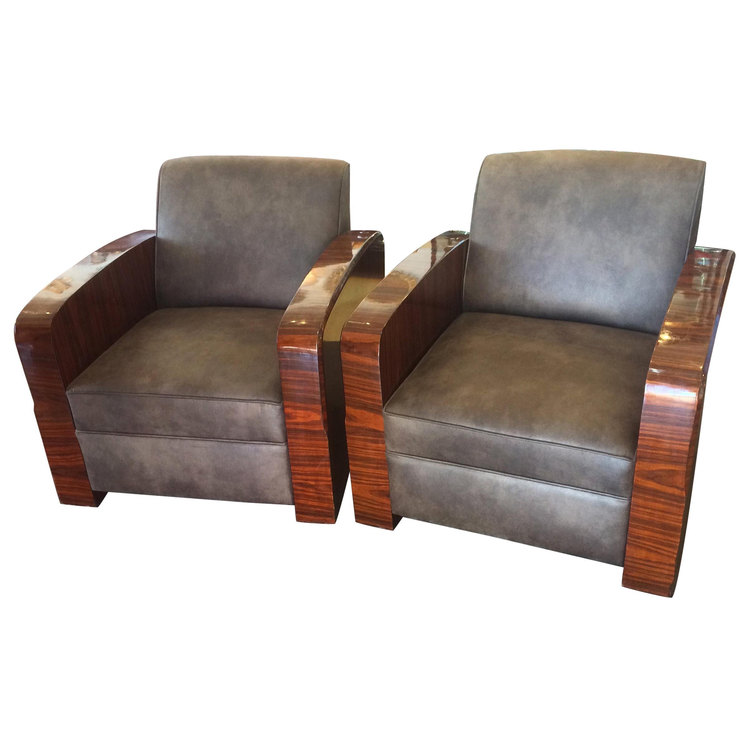 Pair of Art Deco Style Amboyna Armchairs Chairs For Sale