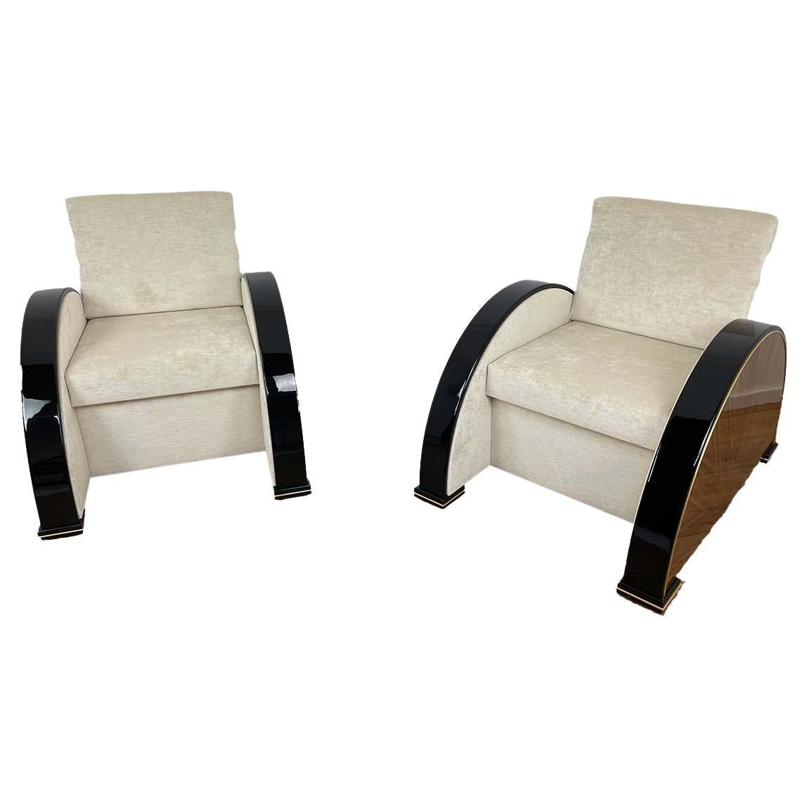 Pair of Art Deco Style Armchairs in Walnut and Piano Black with Brass Details