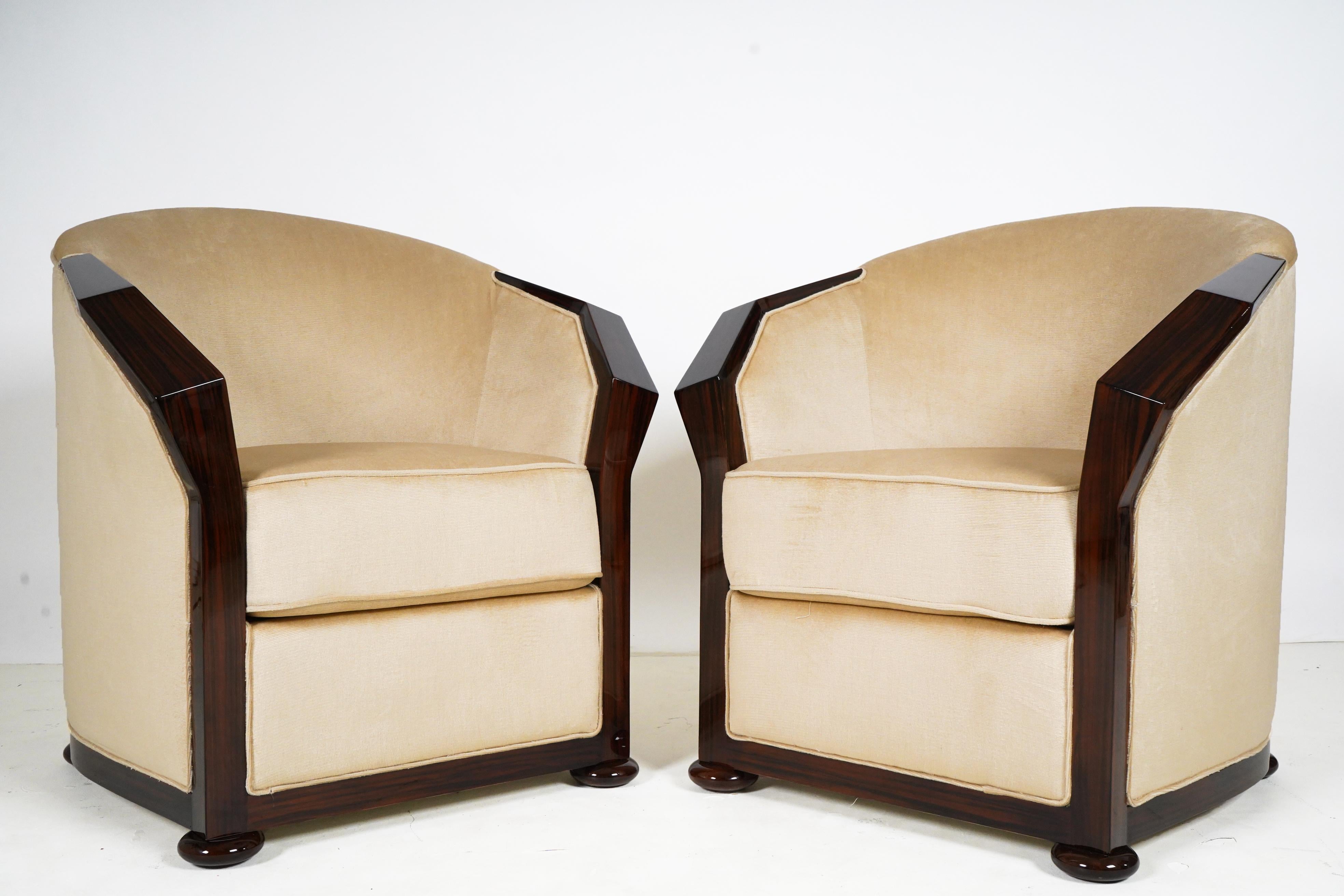 Hungarian Pair of Art Deco Style Armchairs with Walnut Veneers For Sale