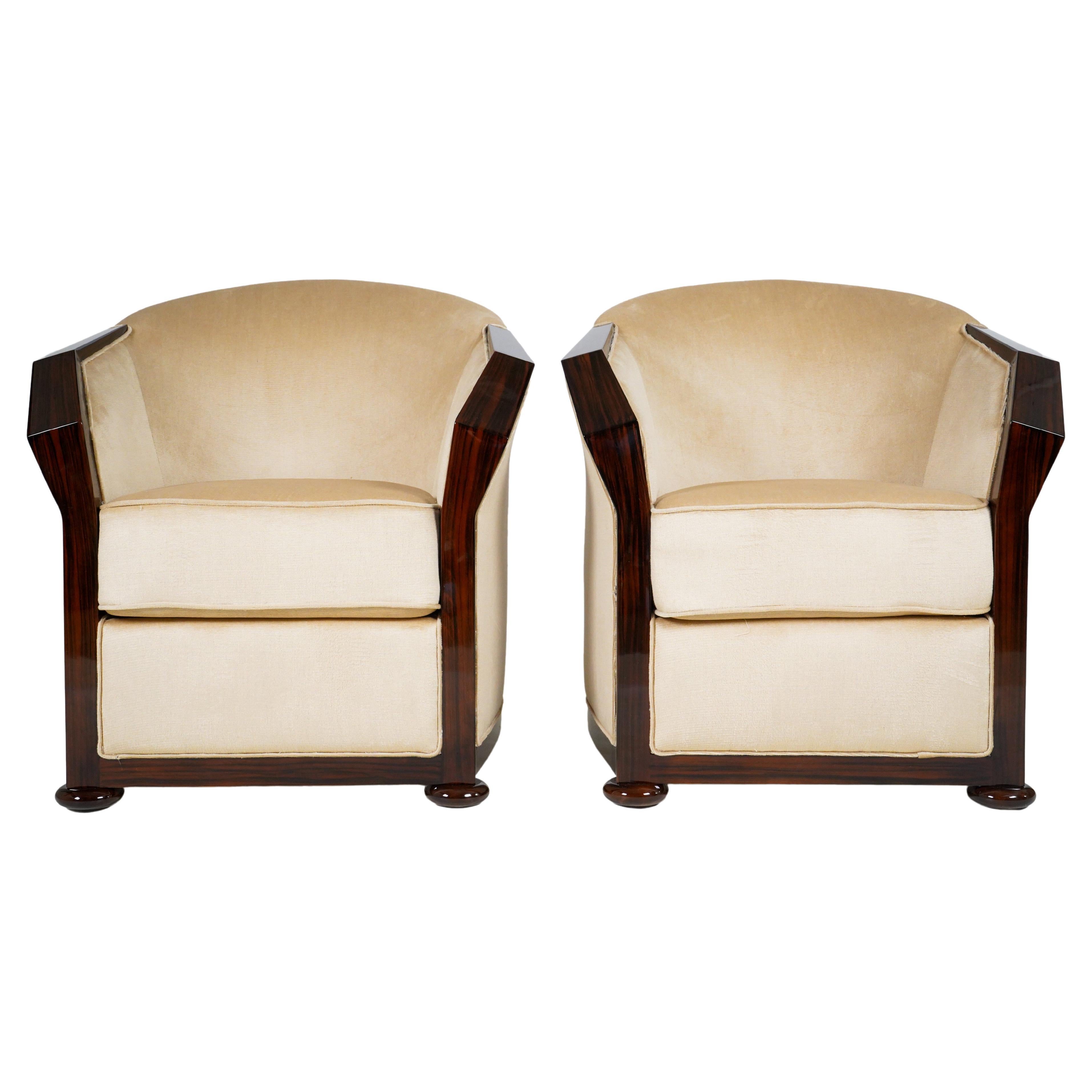 Pair of Art Deco Style Armchairs with Walnut Veneers For Sale