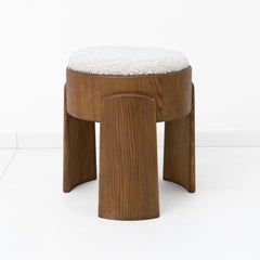 Pair of Art Deco Style Ash Wood Stools Upholstered in White Bouclé