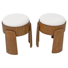 Pair of Art Deco Style Ash Wood Stools Upholstered in White Bouclé