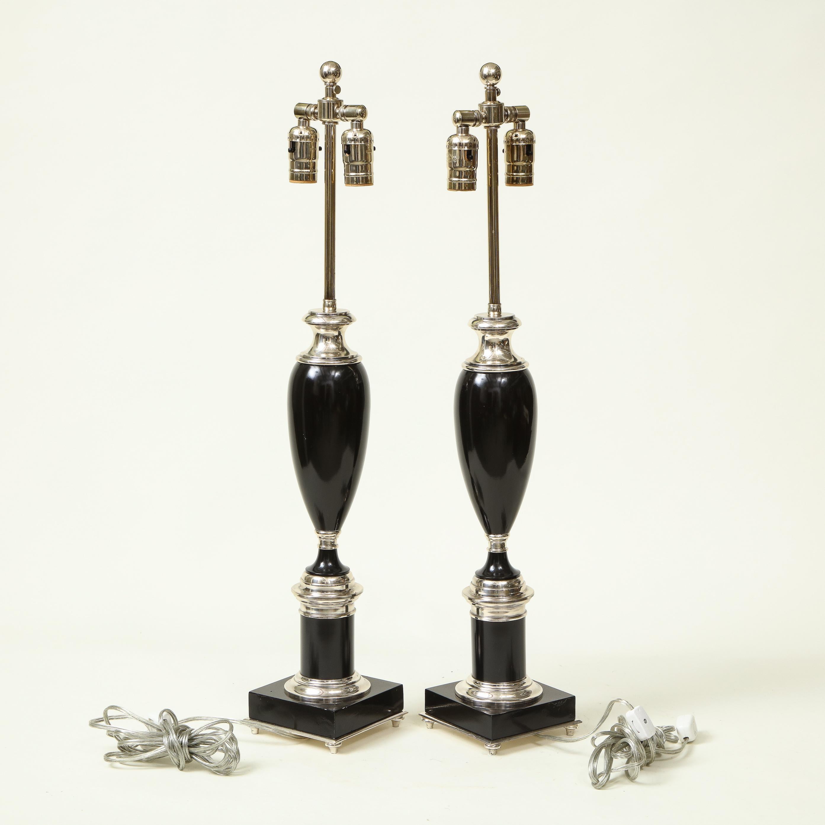 Pair of Art Deco Style Black and Chrome Urn Table Lamps 6
